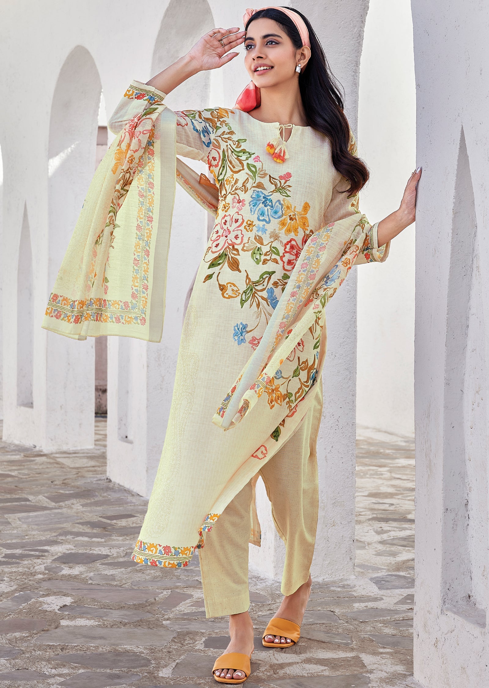 Cream Cotton Straight cut Suit