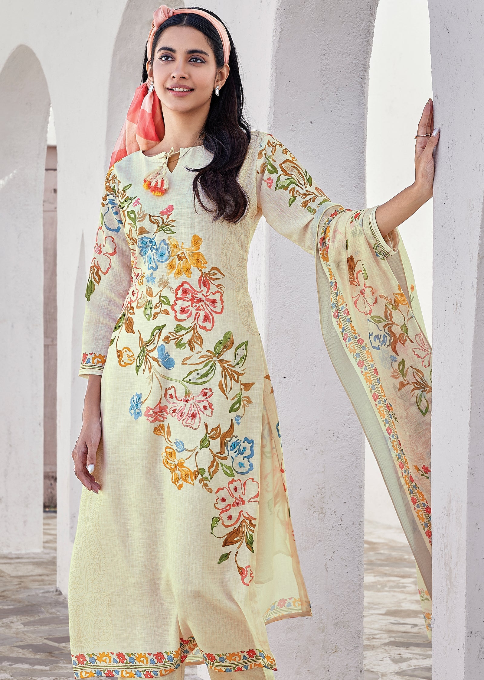 Cream Cotton Straight cut Suit