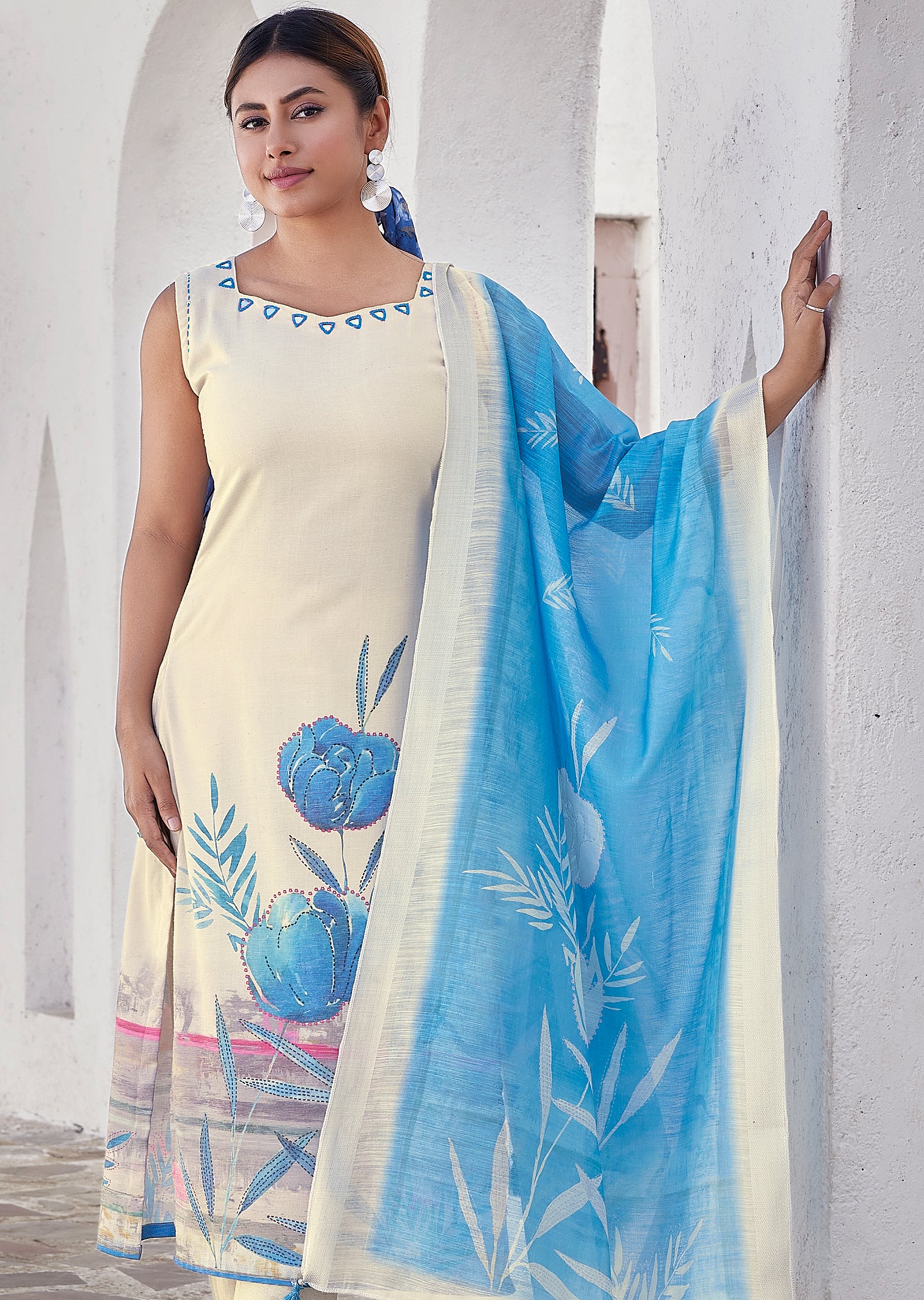 Cream Linen Cotton Straight cut suit