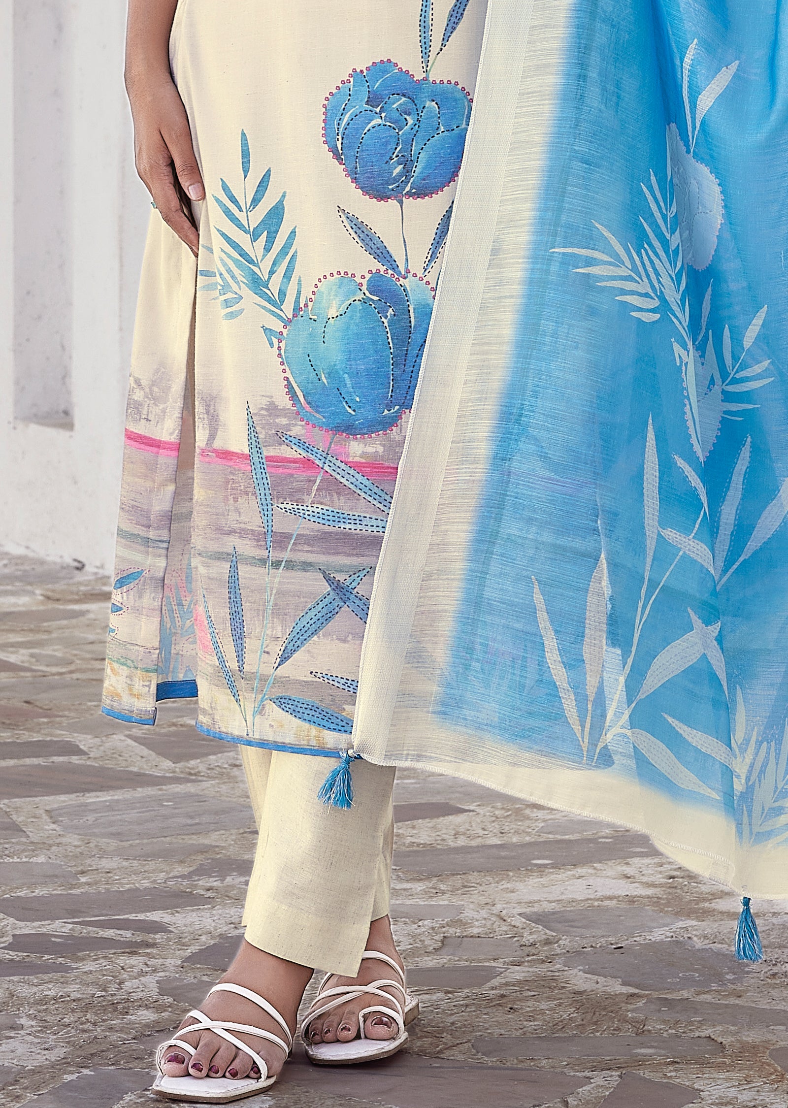 Cream Linen Cotton Straight cut suit