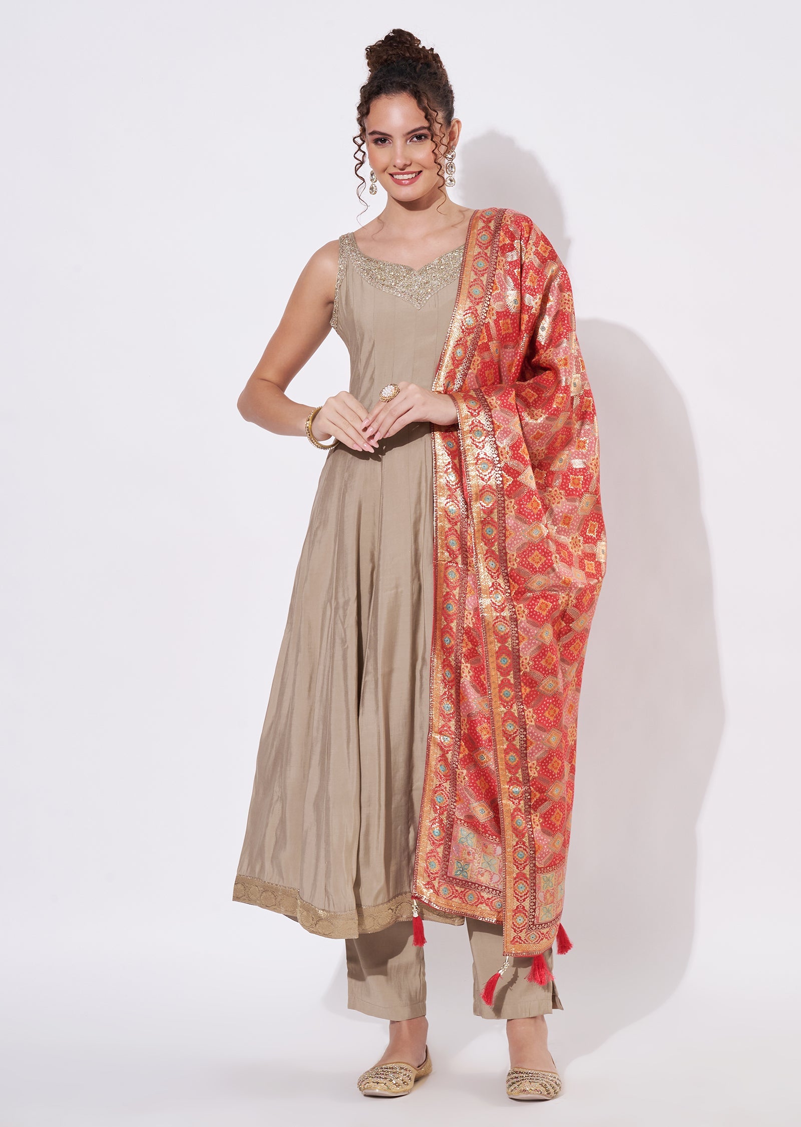 Beige Silk Anarkali Suit