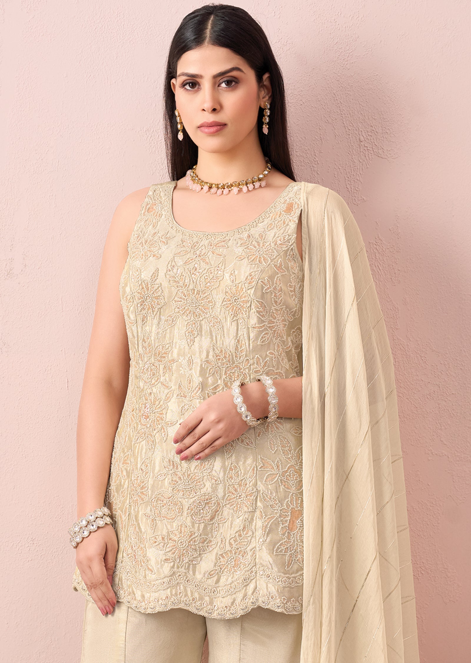 Cream Tissue Sharara Set