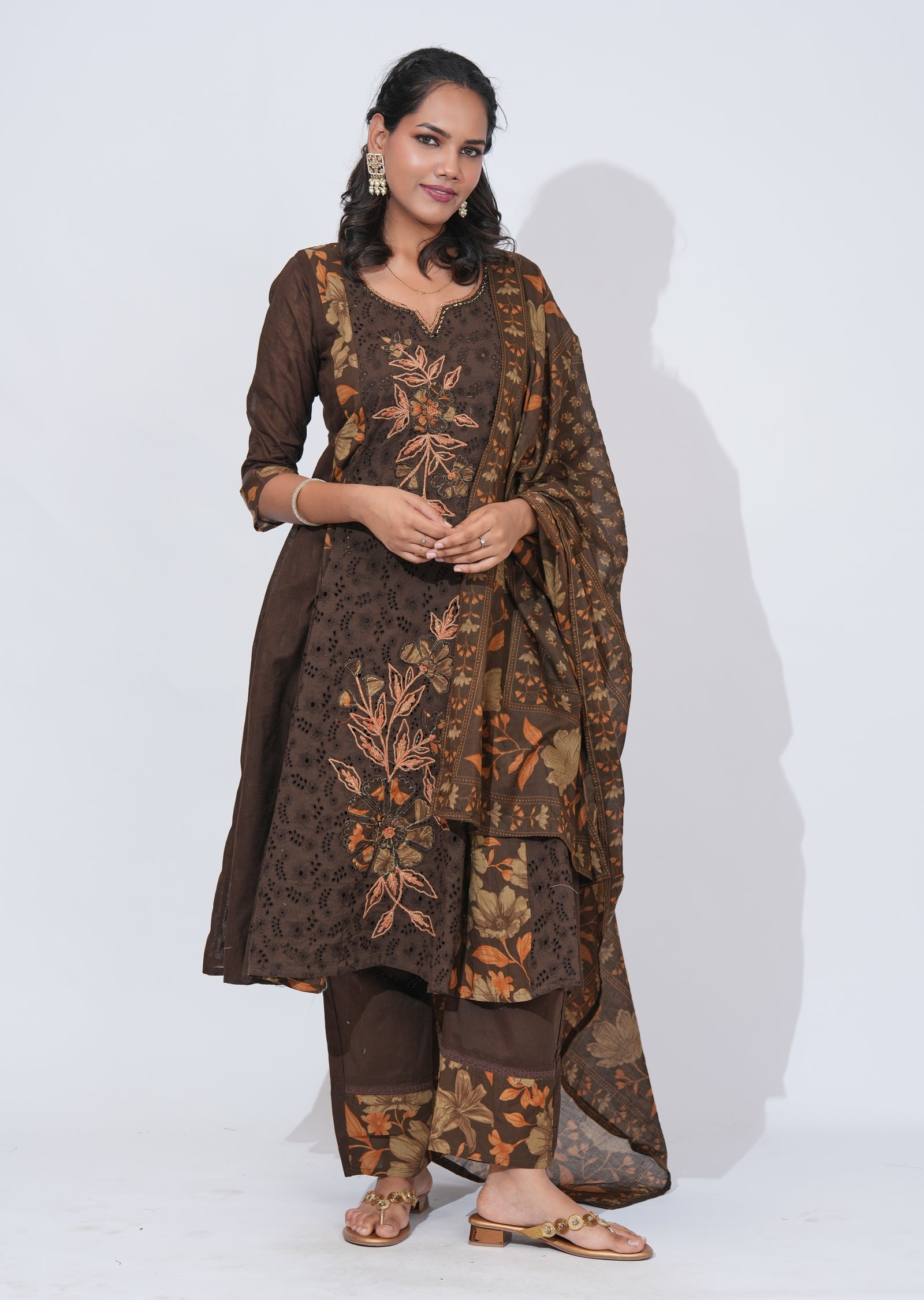 Brwon Cotton Anarkali Suit