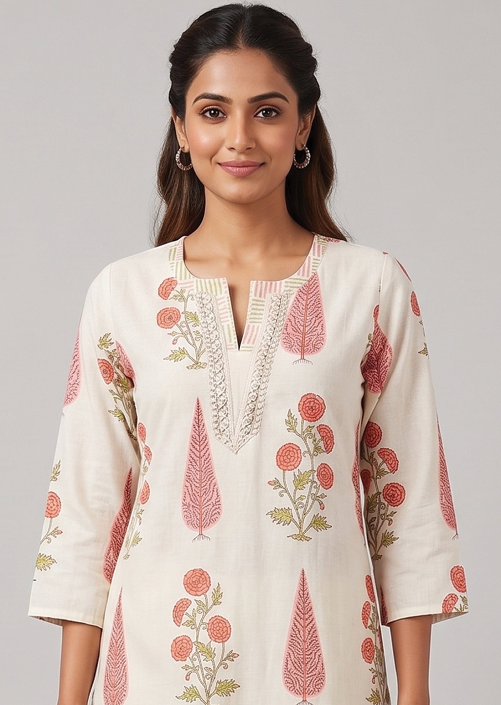 Off White & Peach Printed Cotton Kurti Set