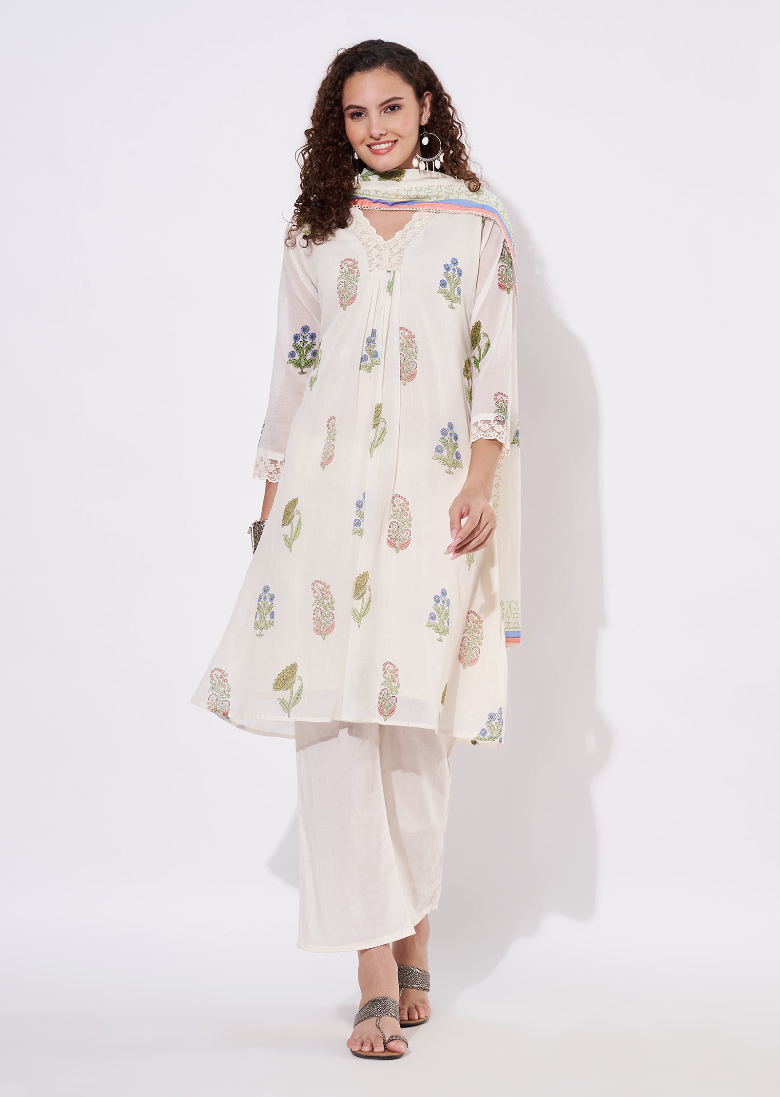 Off White cotton Anarkali Suit