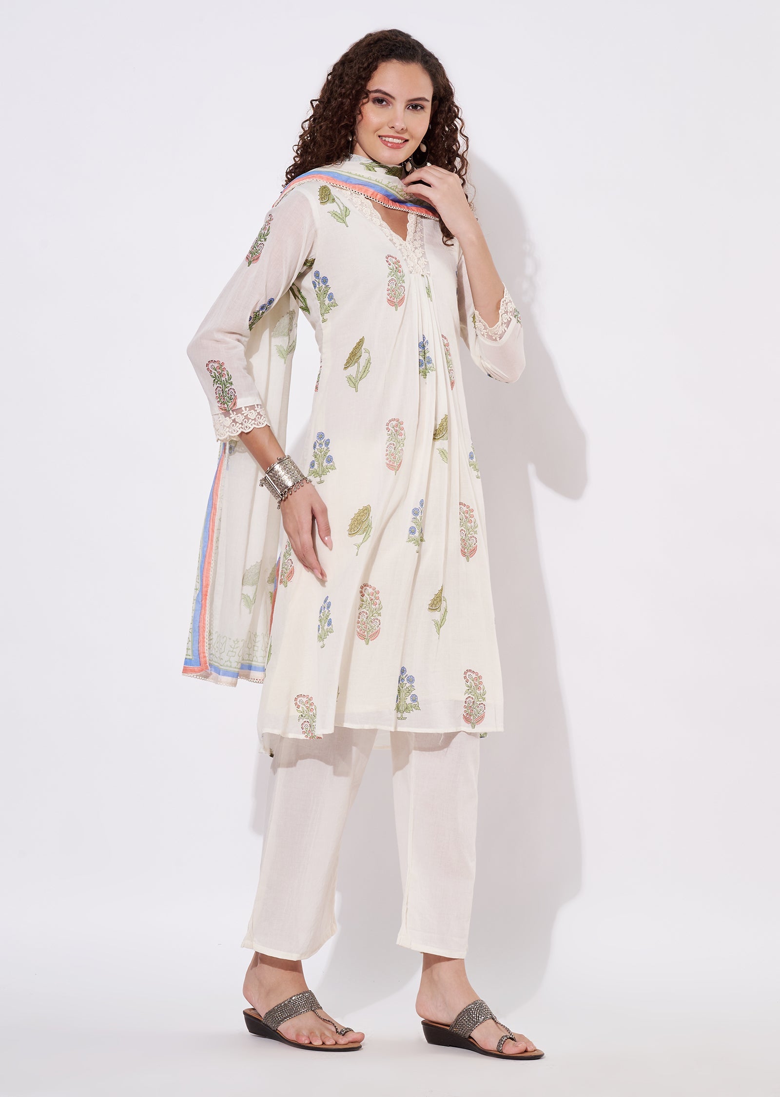 Off White cotton Anarkali Suit