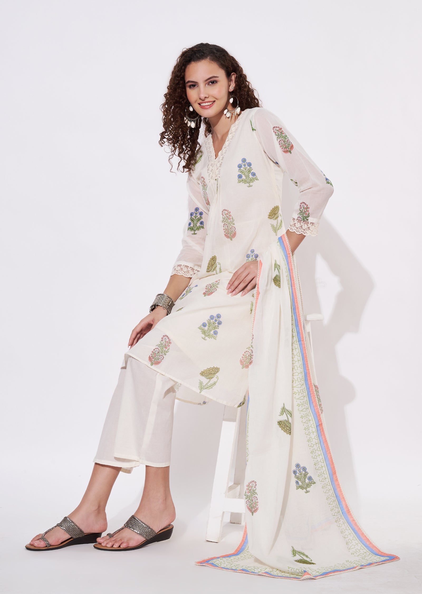 Off White cotton Anarkali Suit
