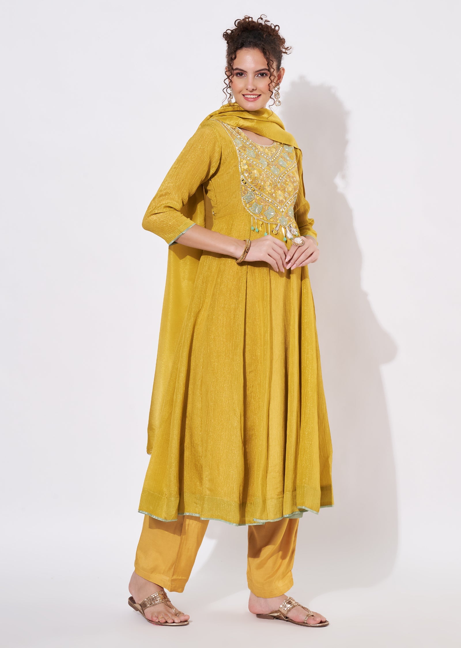 Mustard Tissue Anarkali Suit