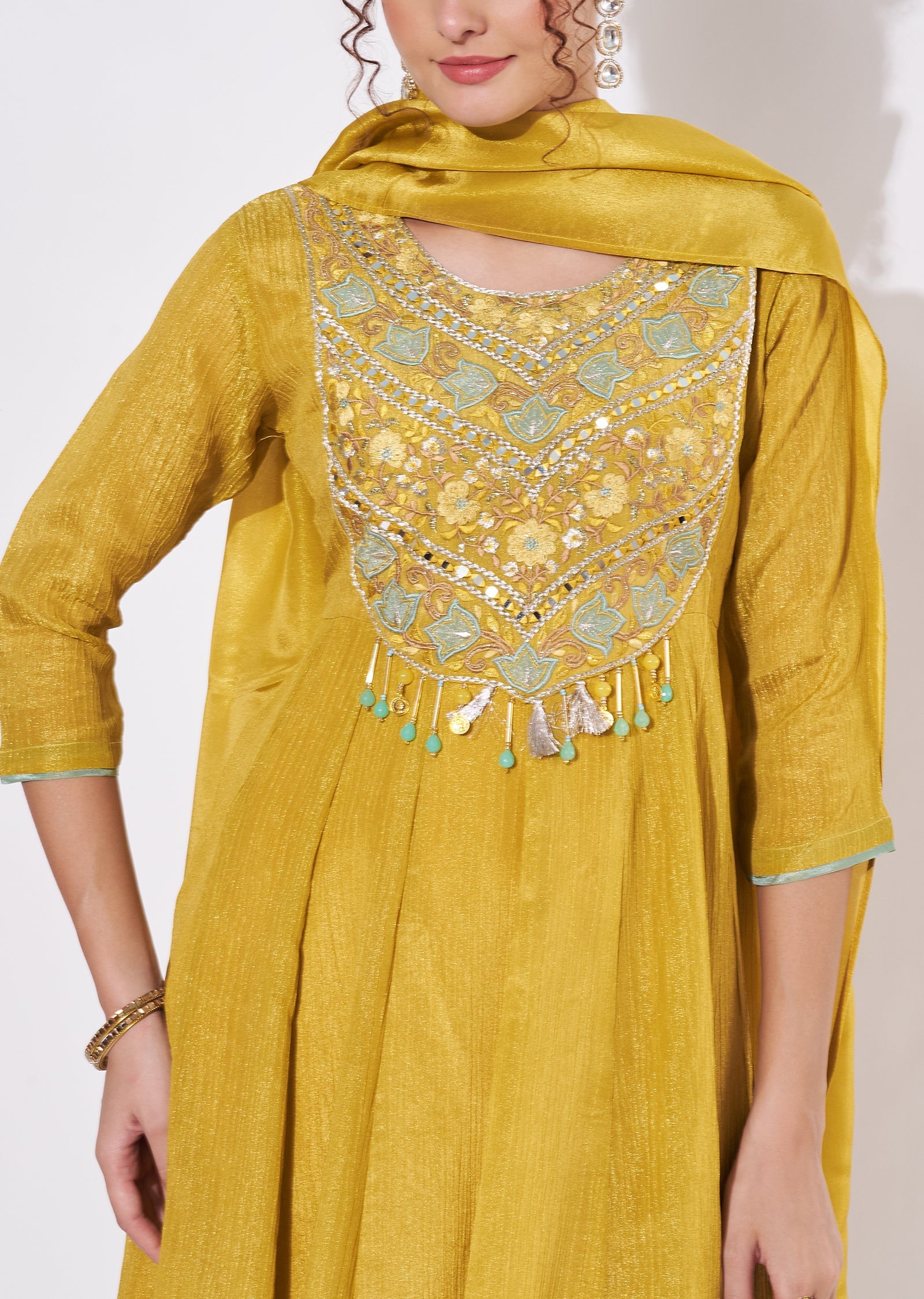 Mustard Tissue Anarkali Suit