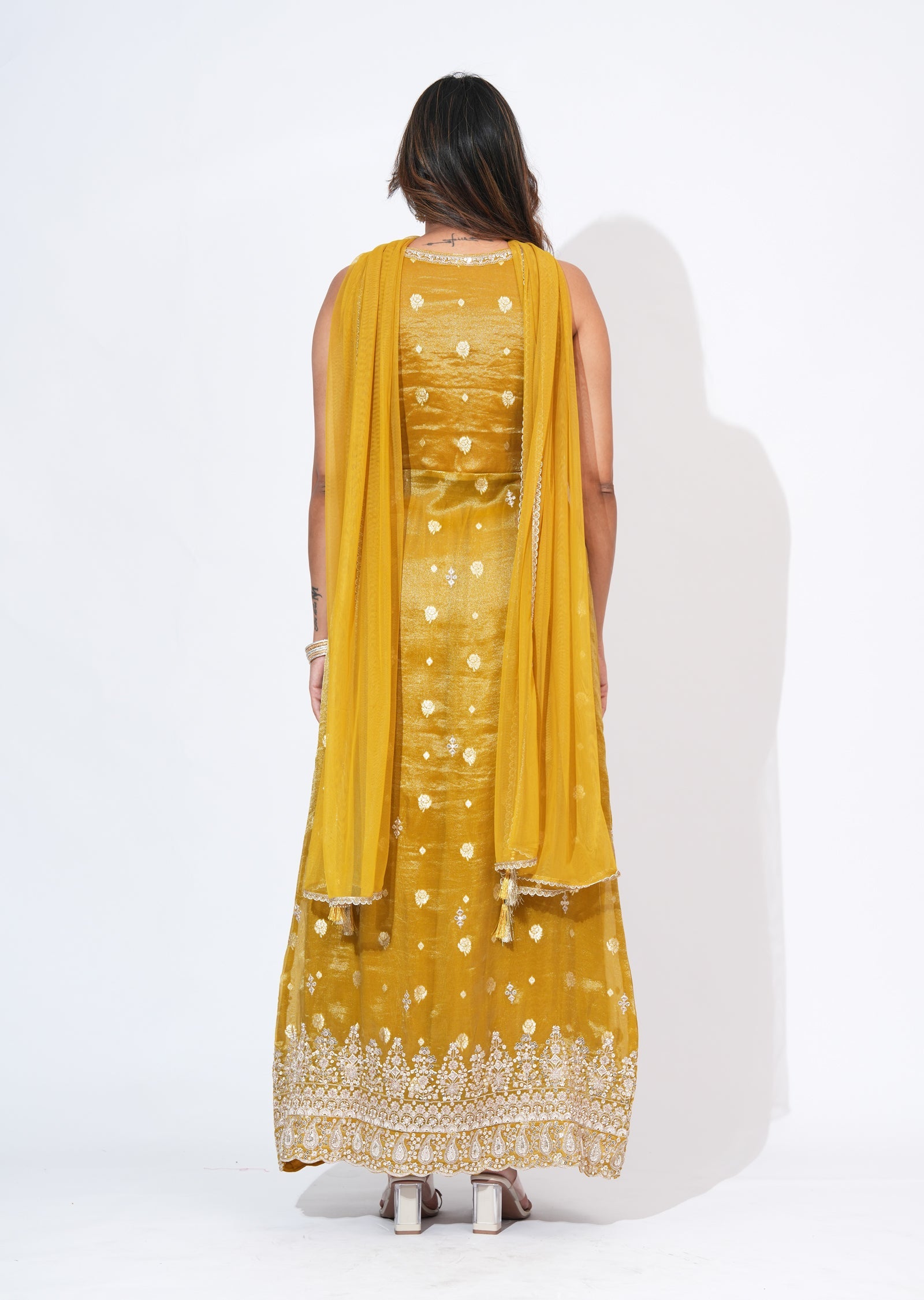 Mustard Tissue Anarkali Suit