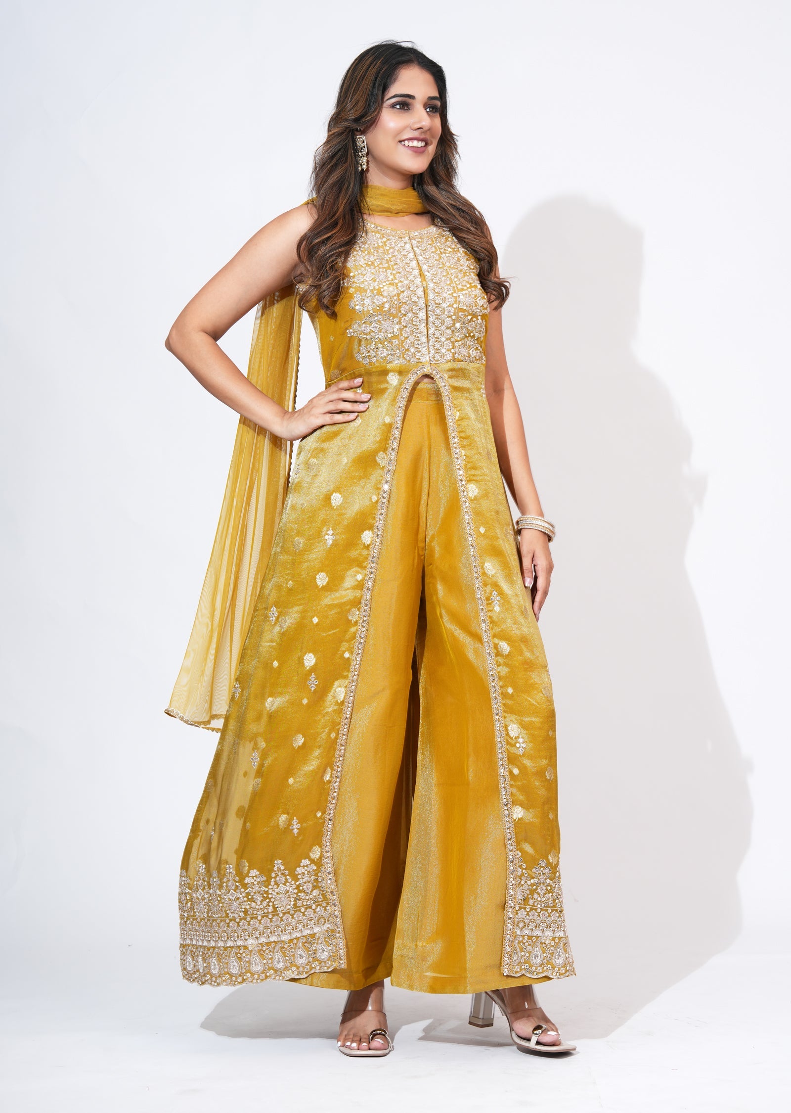 Mustard Tissue Anarkali Suit