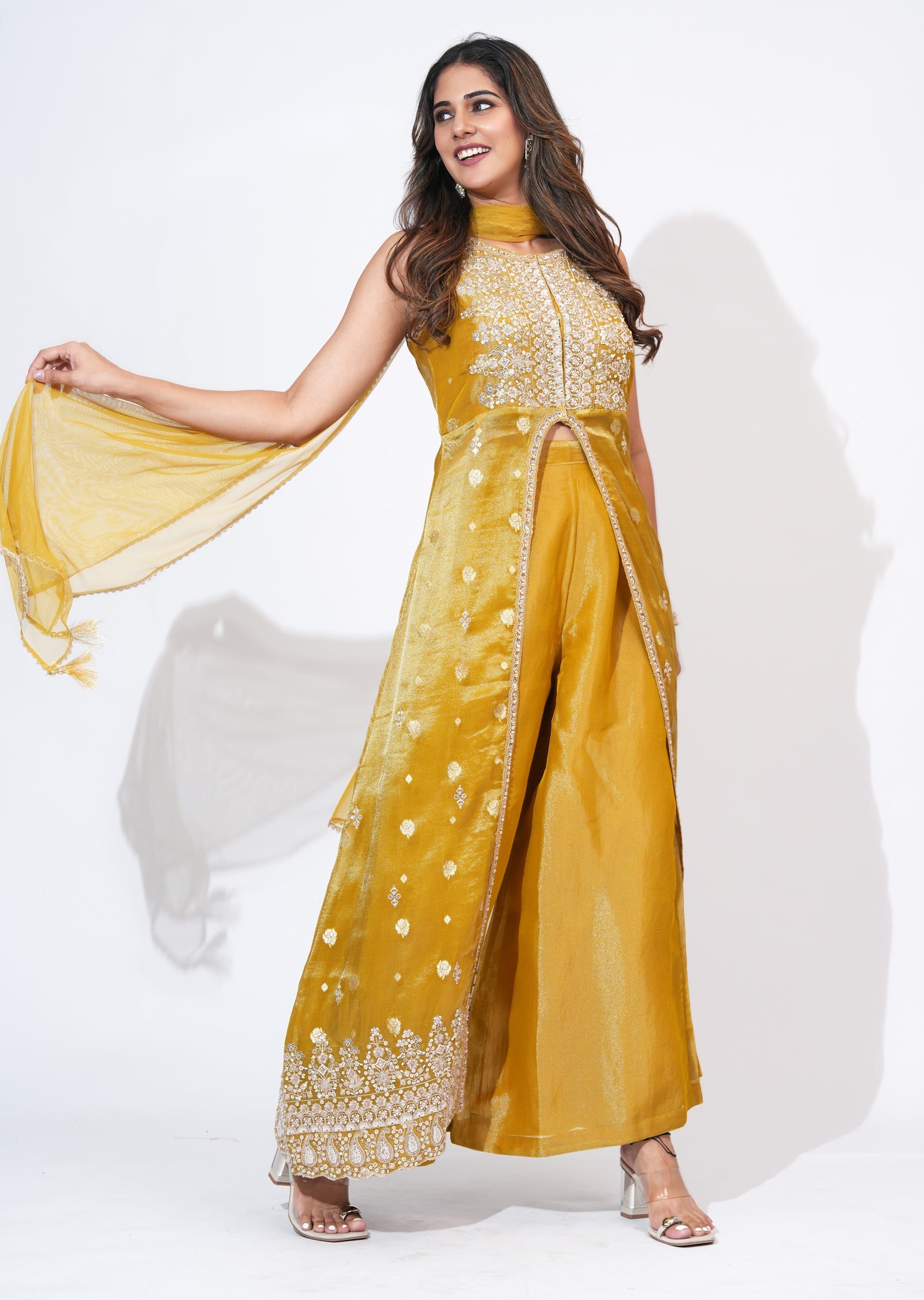 Mustard Tissue Anarkali Suit