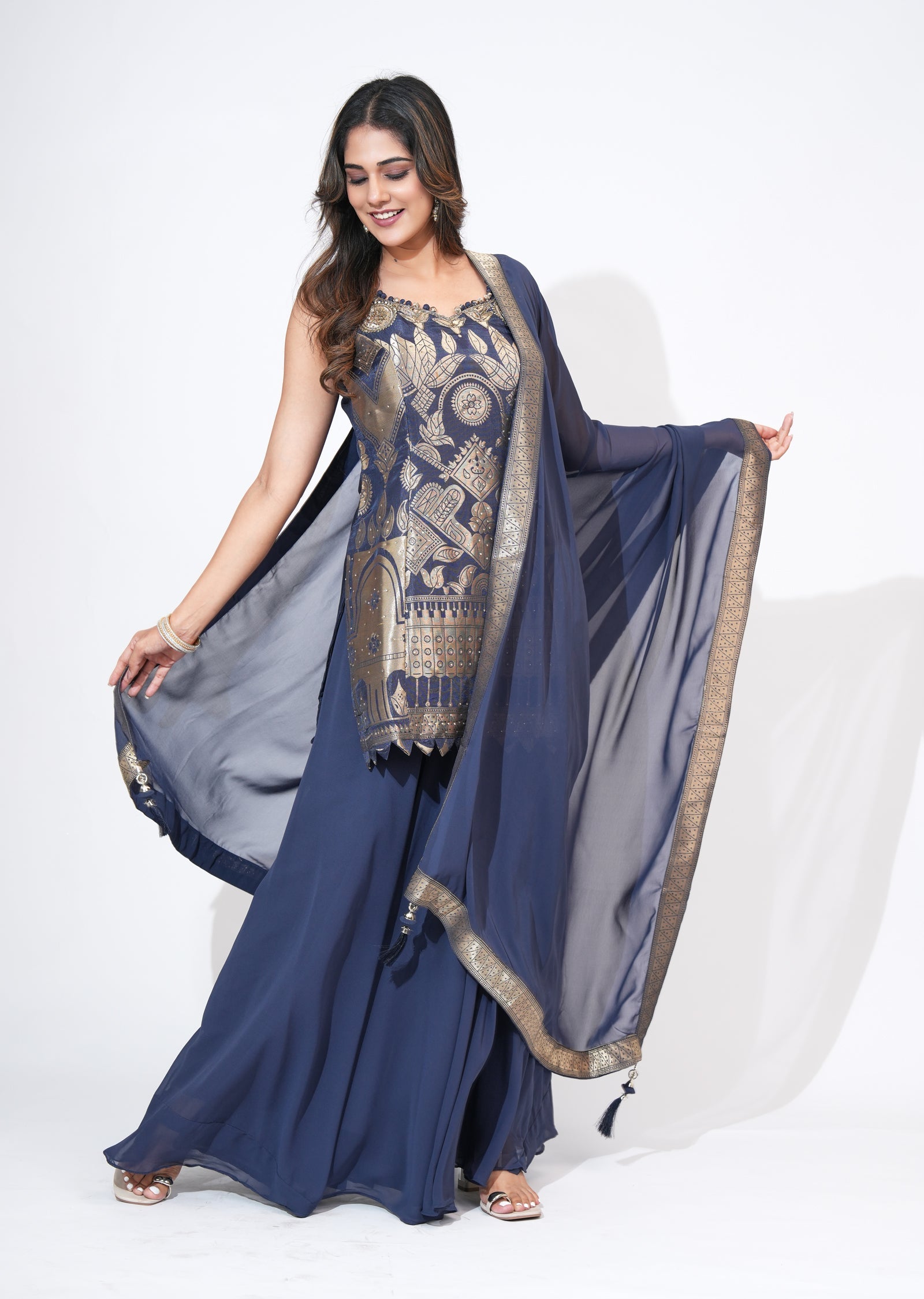 Navy Blue silk Sharara Set
