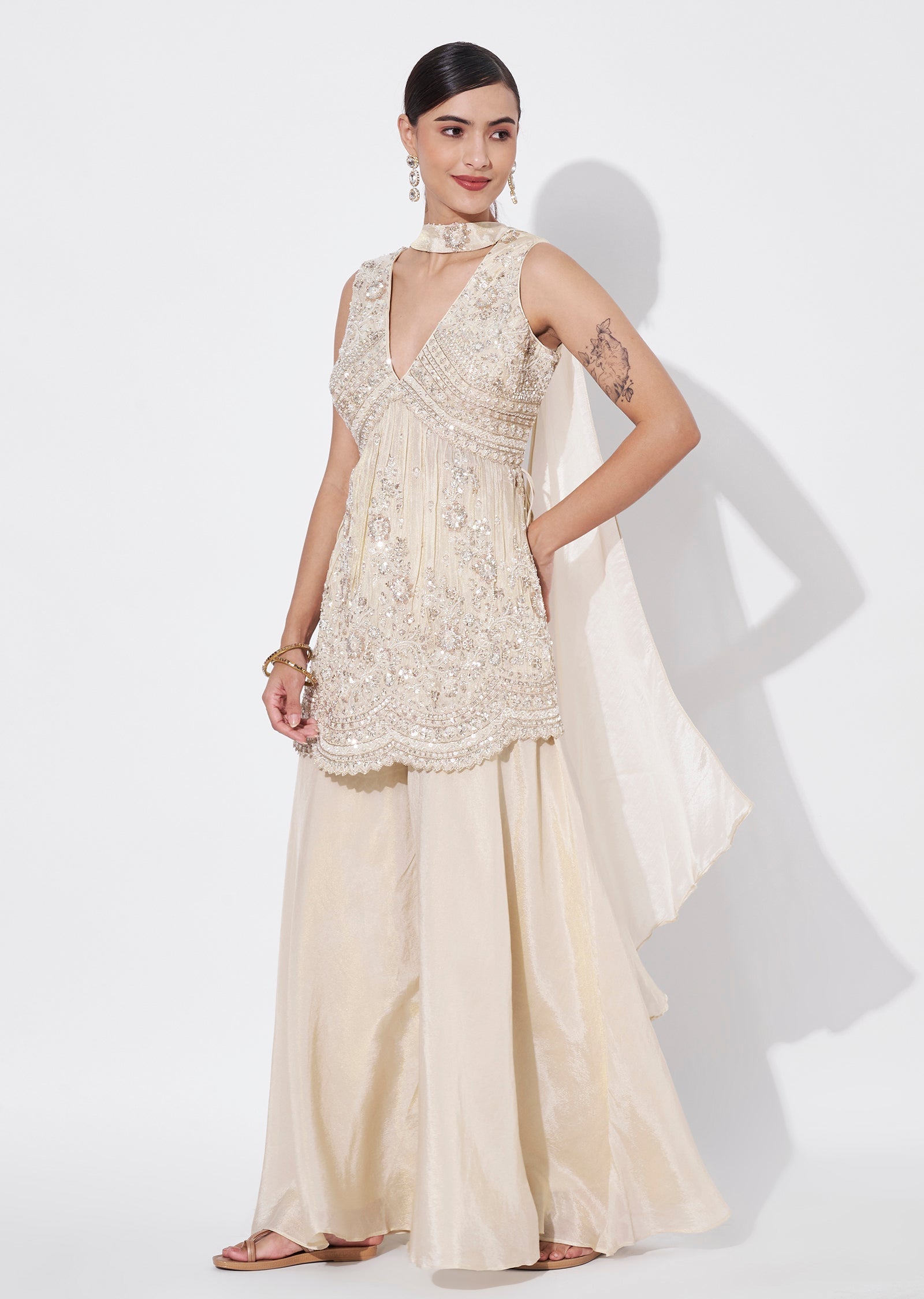 Cream Tissue Sharara Set