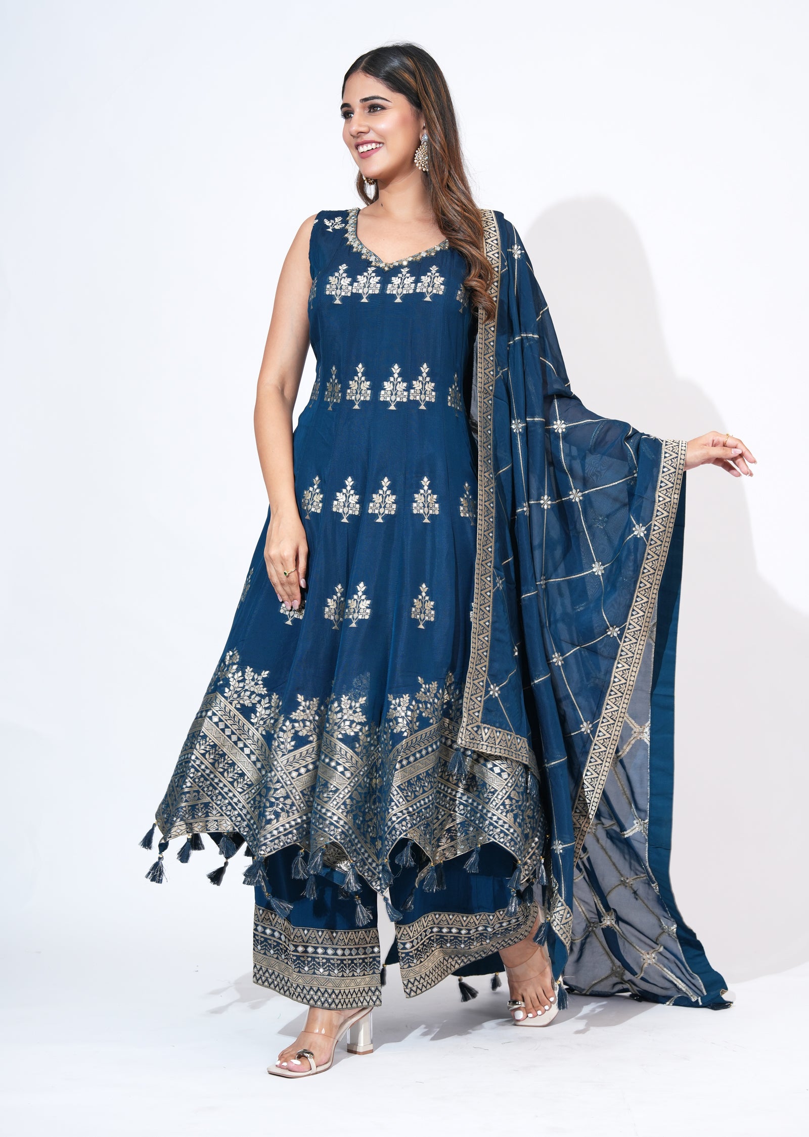 Blue Chinnon Anarkali Set