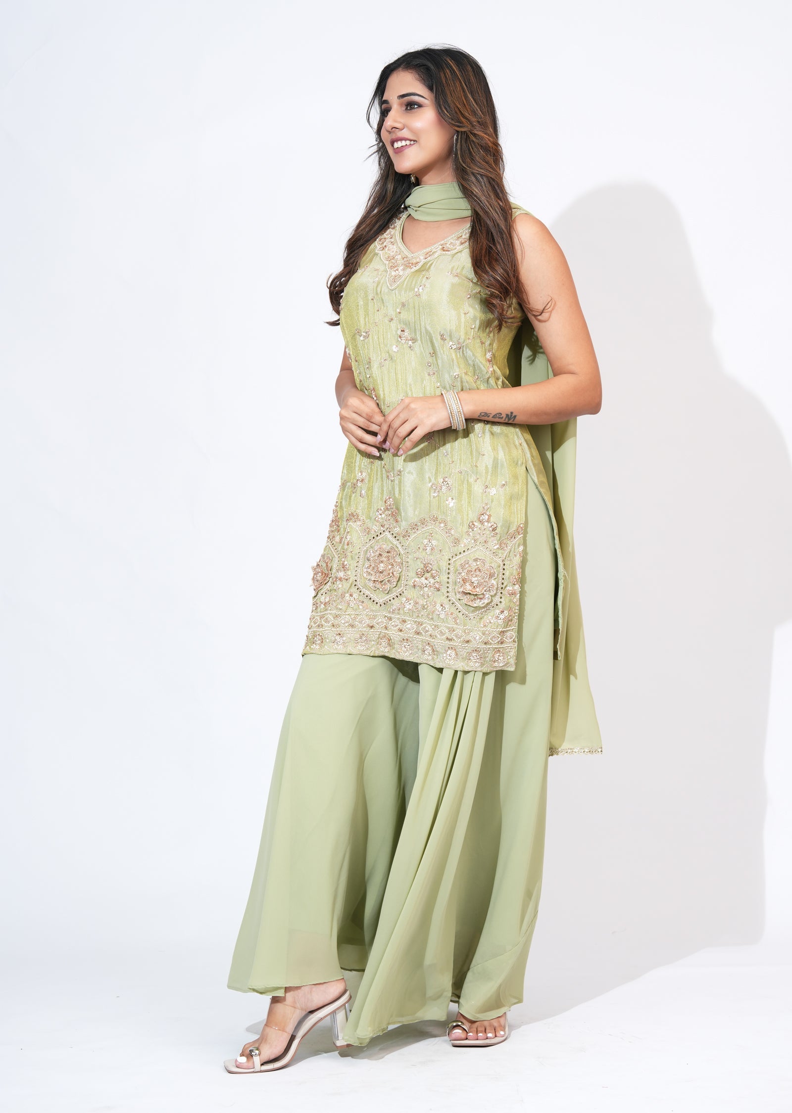 Green Tissue Sharara Set