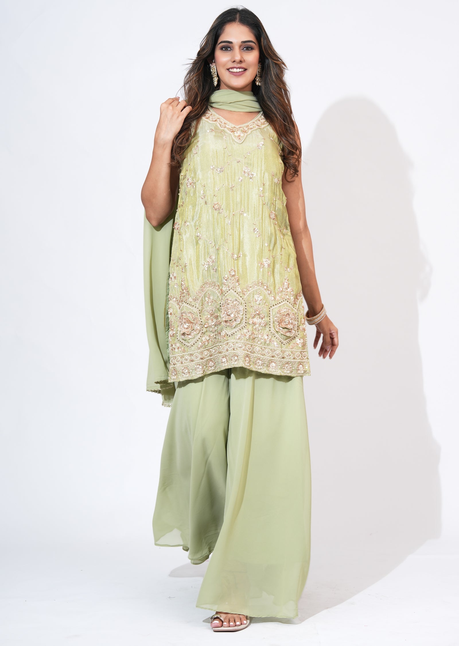 Green Tissue Sharara Set