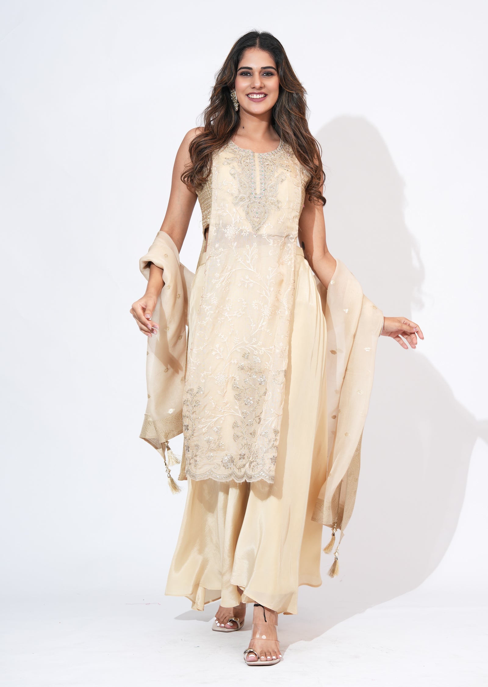 Beige Organza Sharara Set