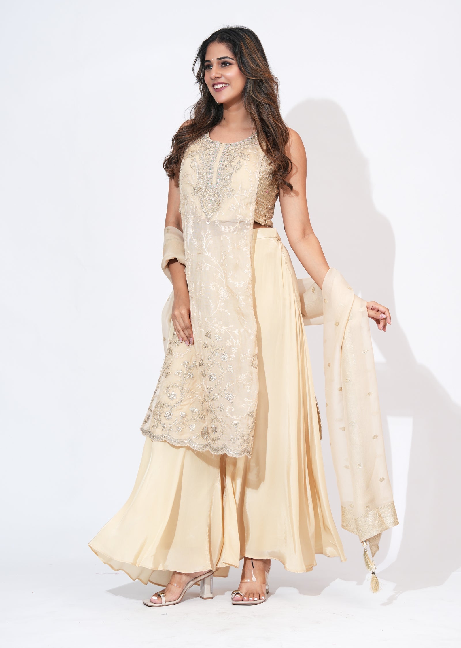 Beige Organza Sharara Set