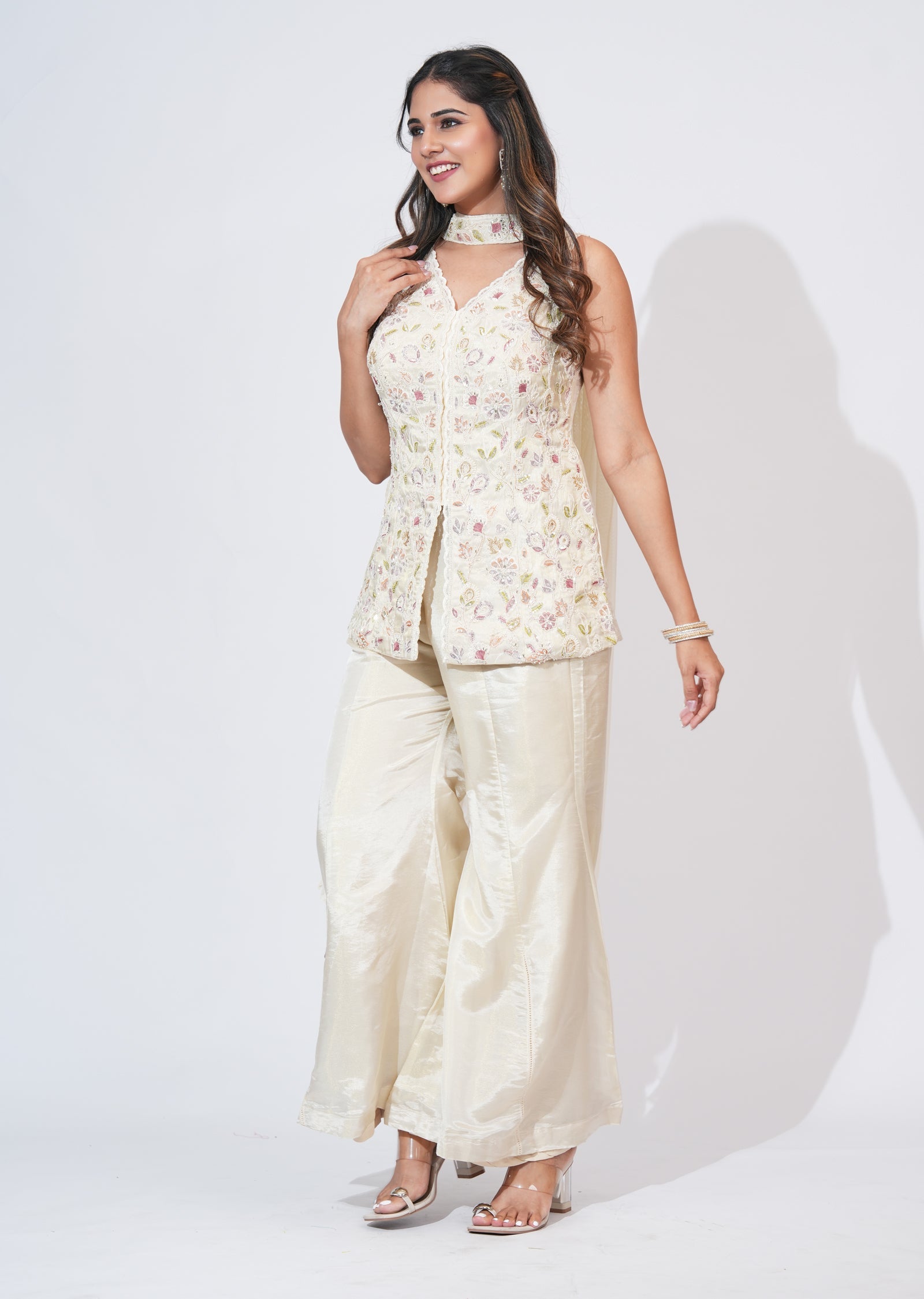Cream Tissue Sharara Set