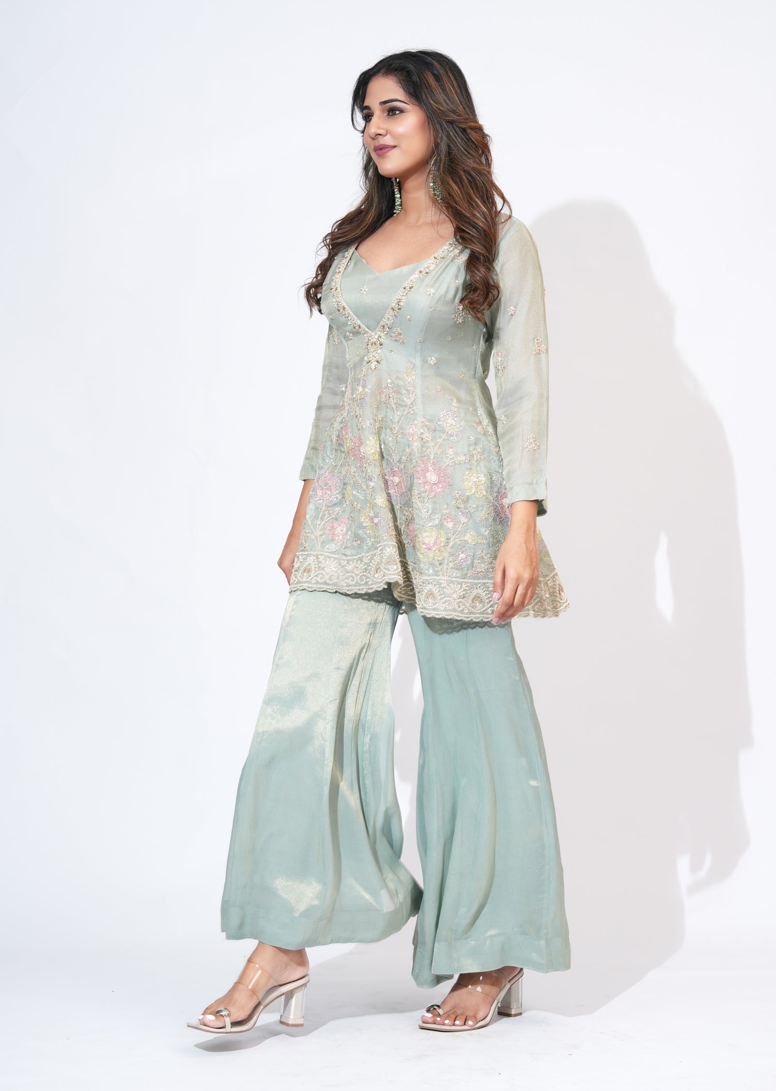 Green Tissue Sharara Set