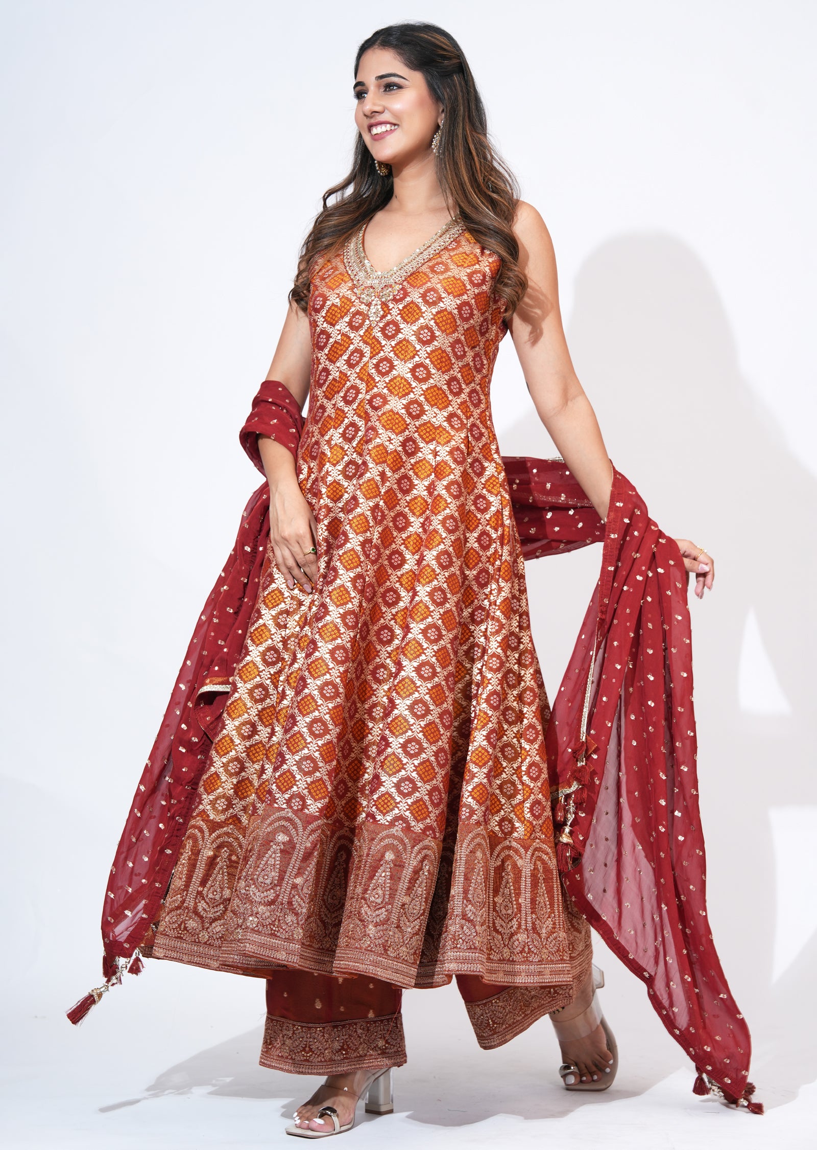 Rust Tissue Anarkali Set