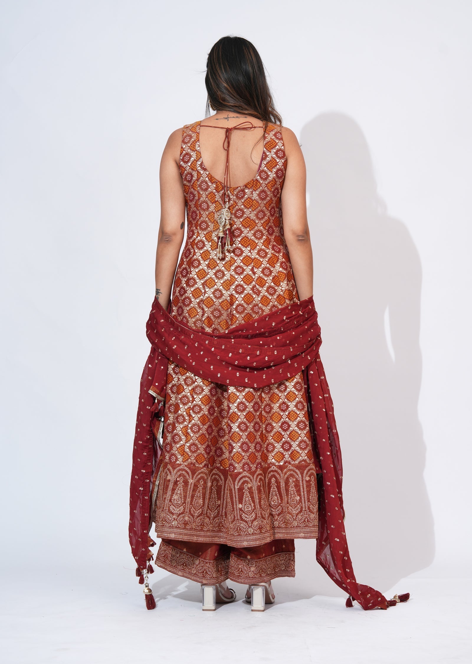 Rust Tissue Anarkali Set