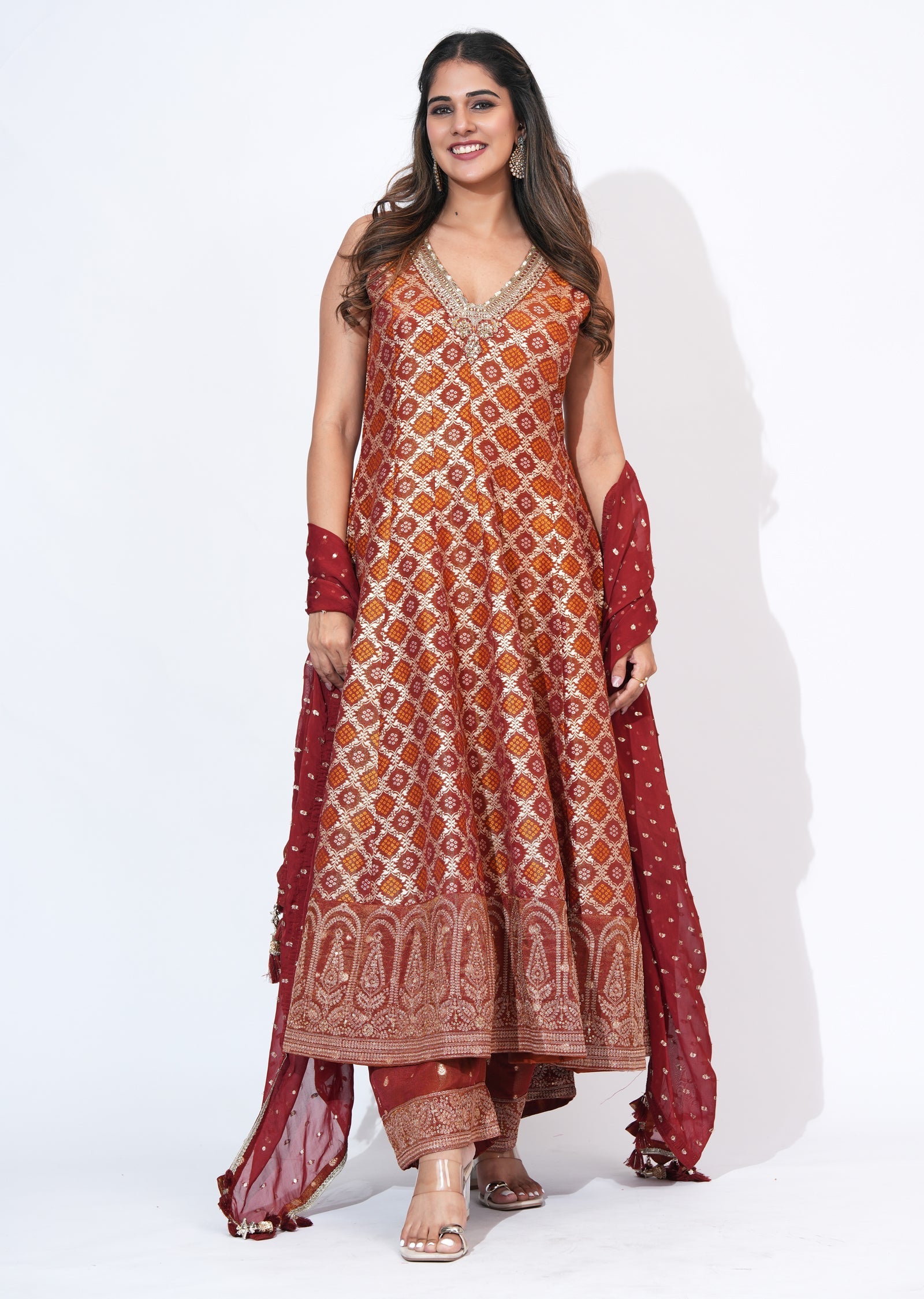 Rust Tissue Anarkali Set