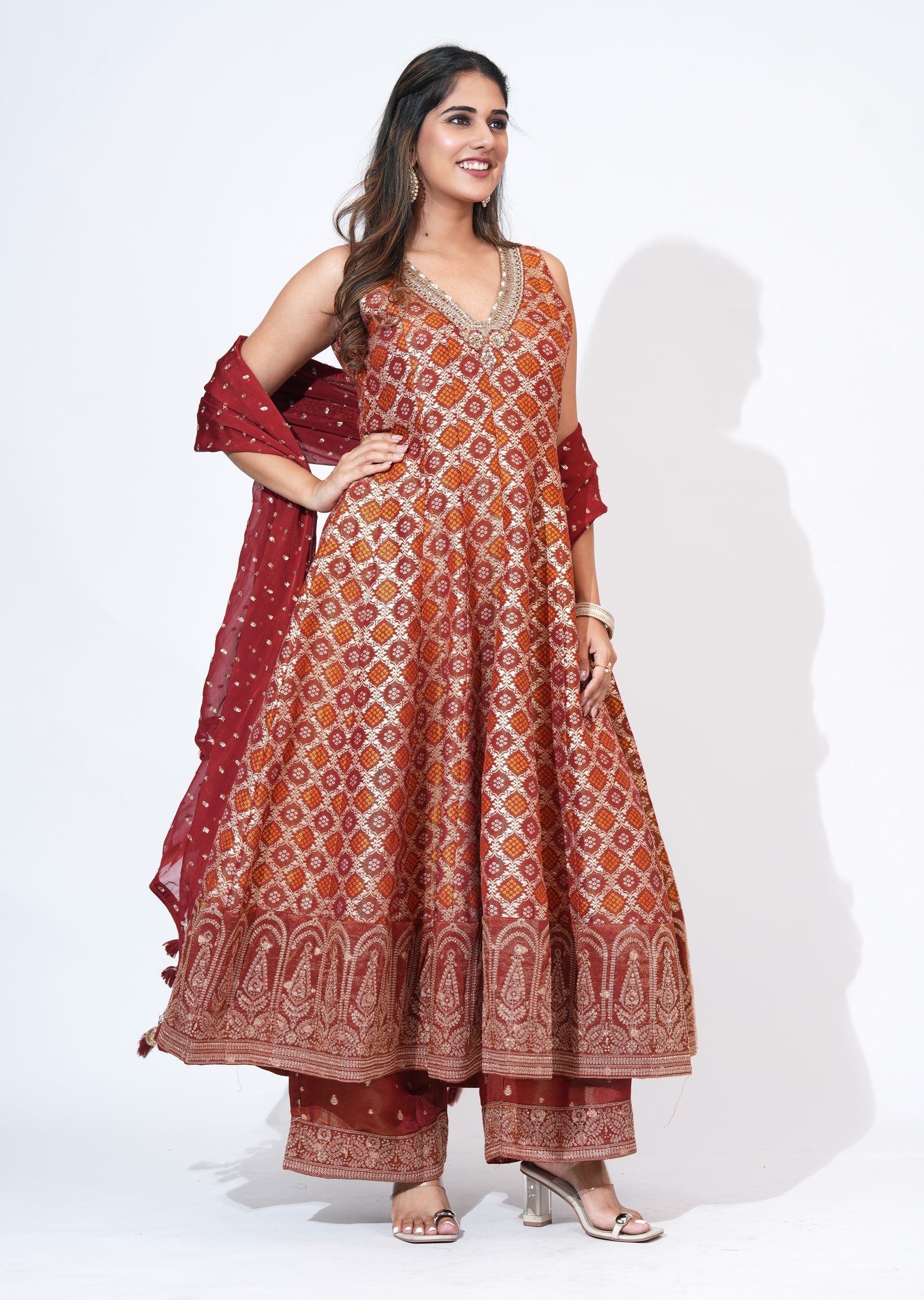 Rust Tissue Anarkali Set