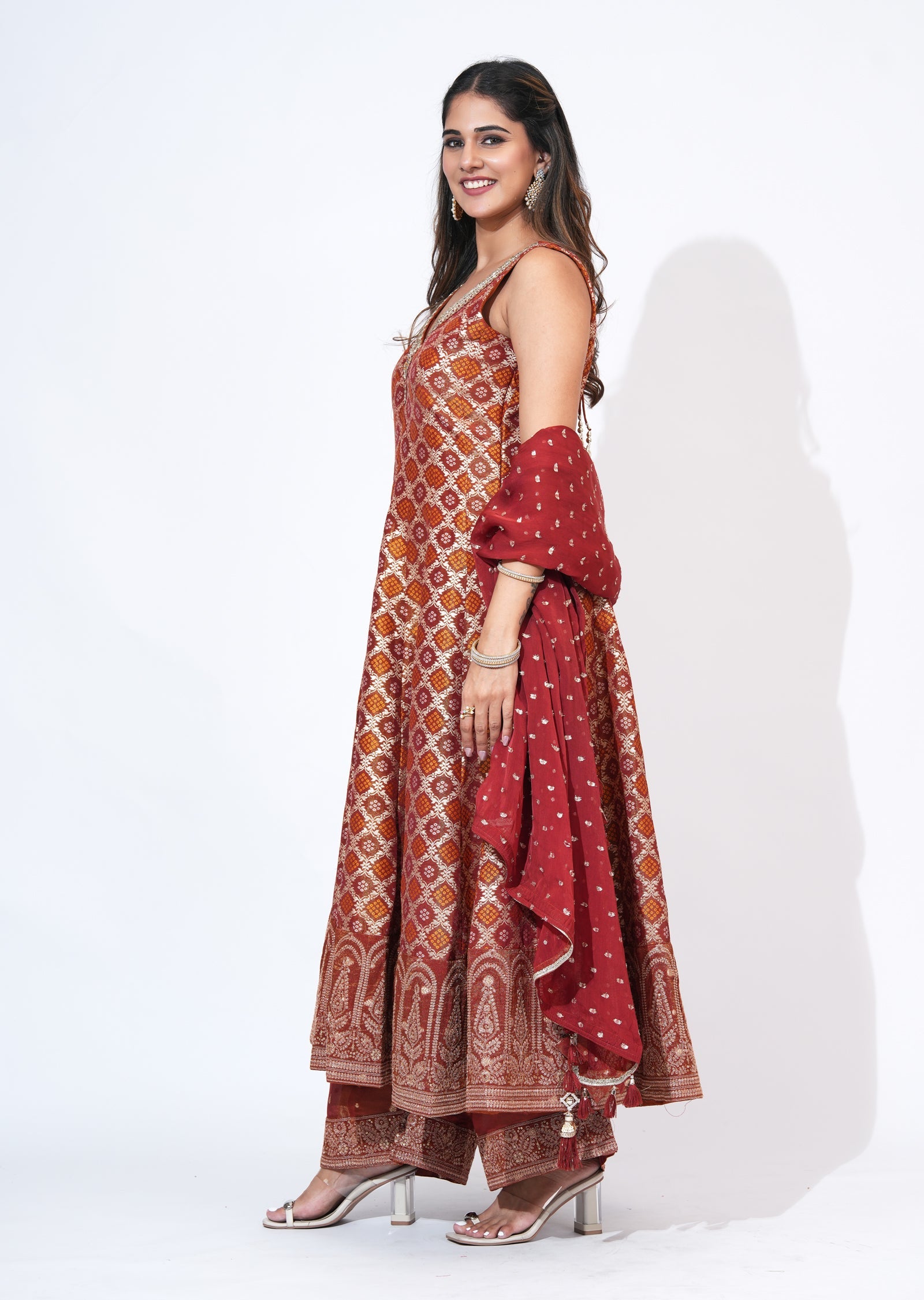 Rust Tissue Anarkali Set