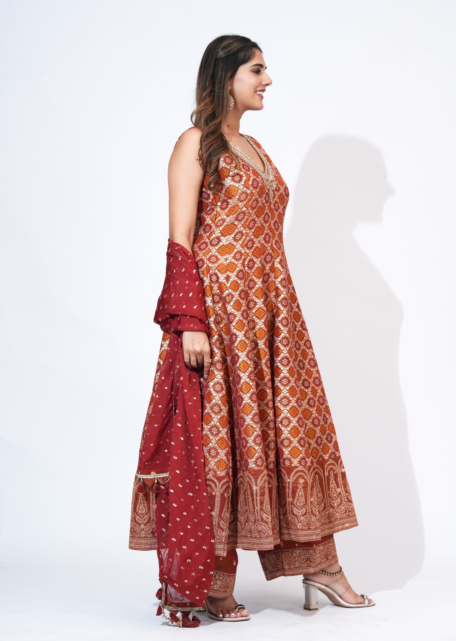 Rust Tissue Anarkali Set
