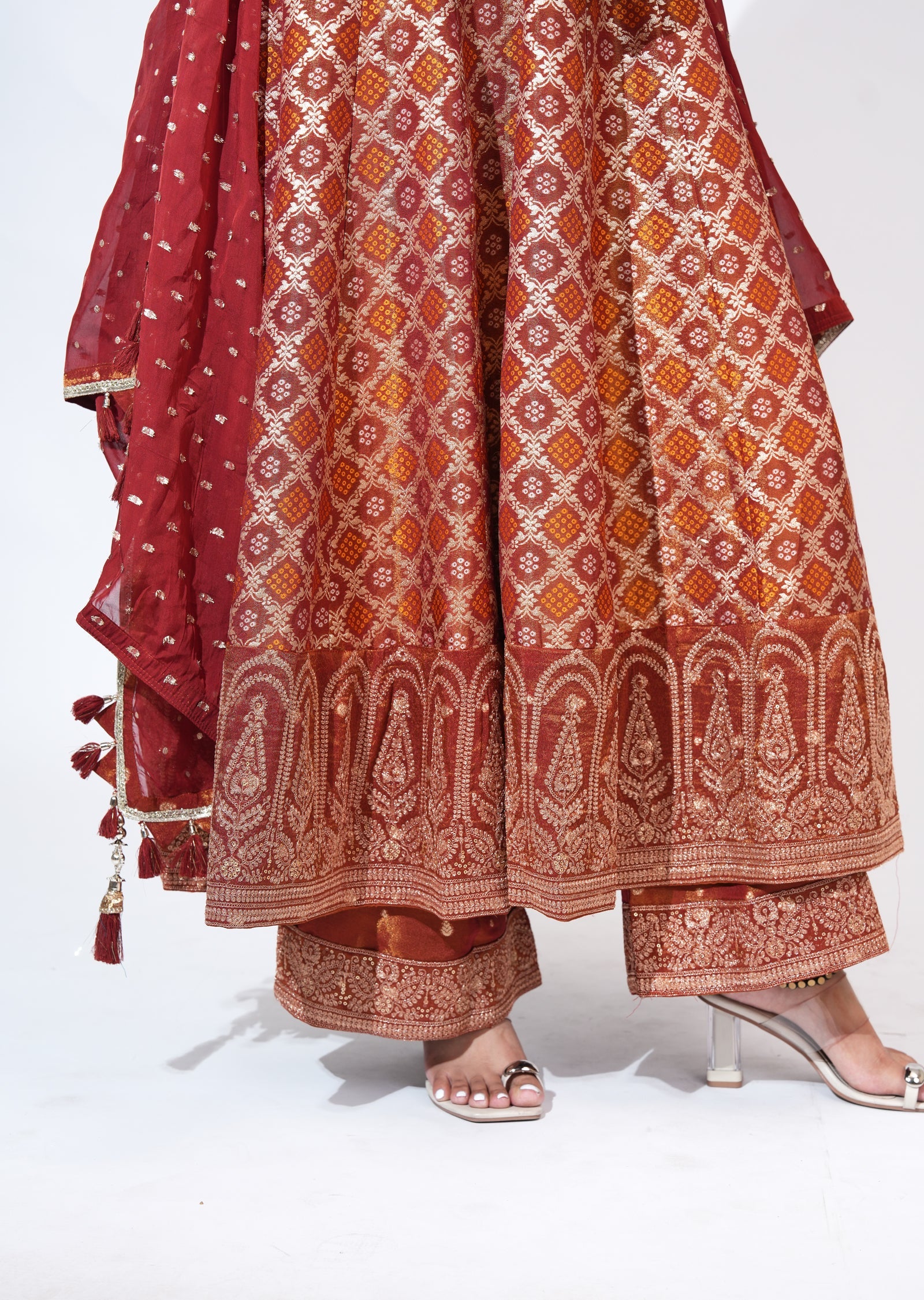Rust Tissue Anarkali Set