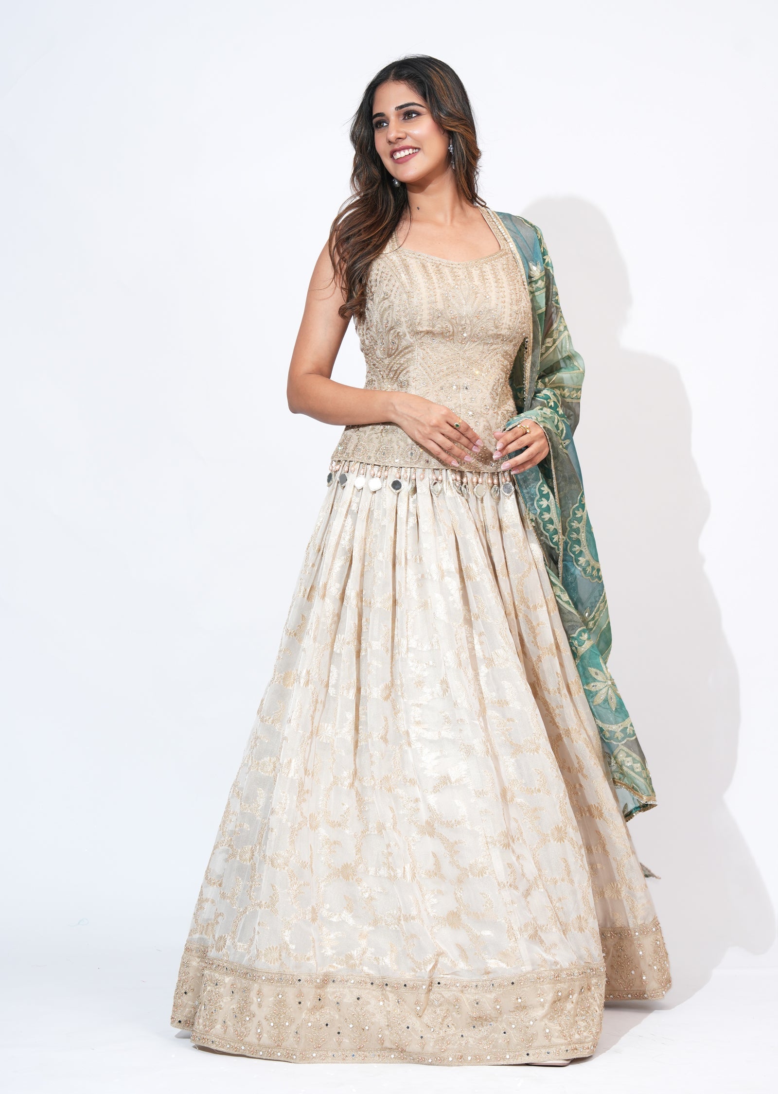 Cream Tissue Lehenga Set