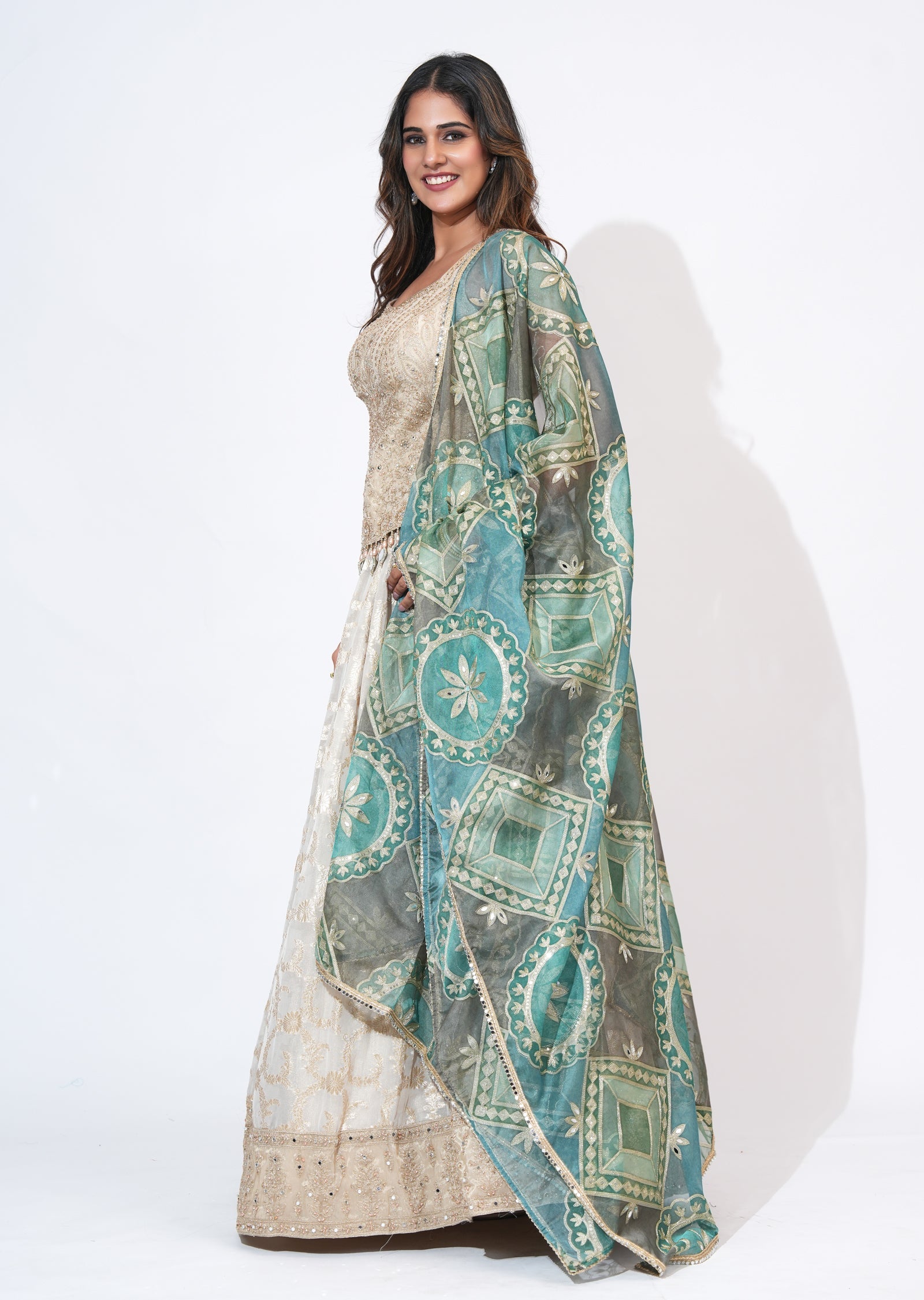 Cream Tissue Lehenga Set