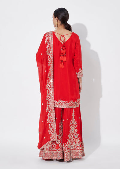 Red Chinnon Sharara Set