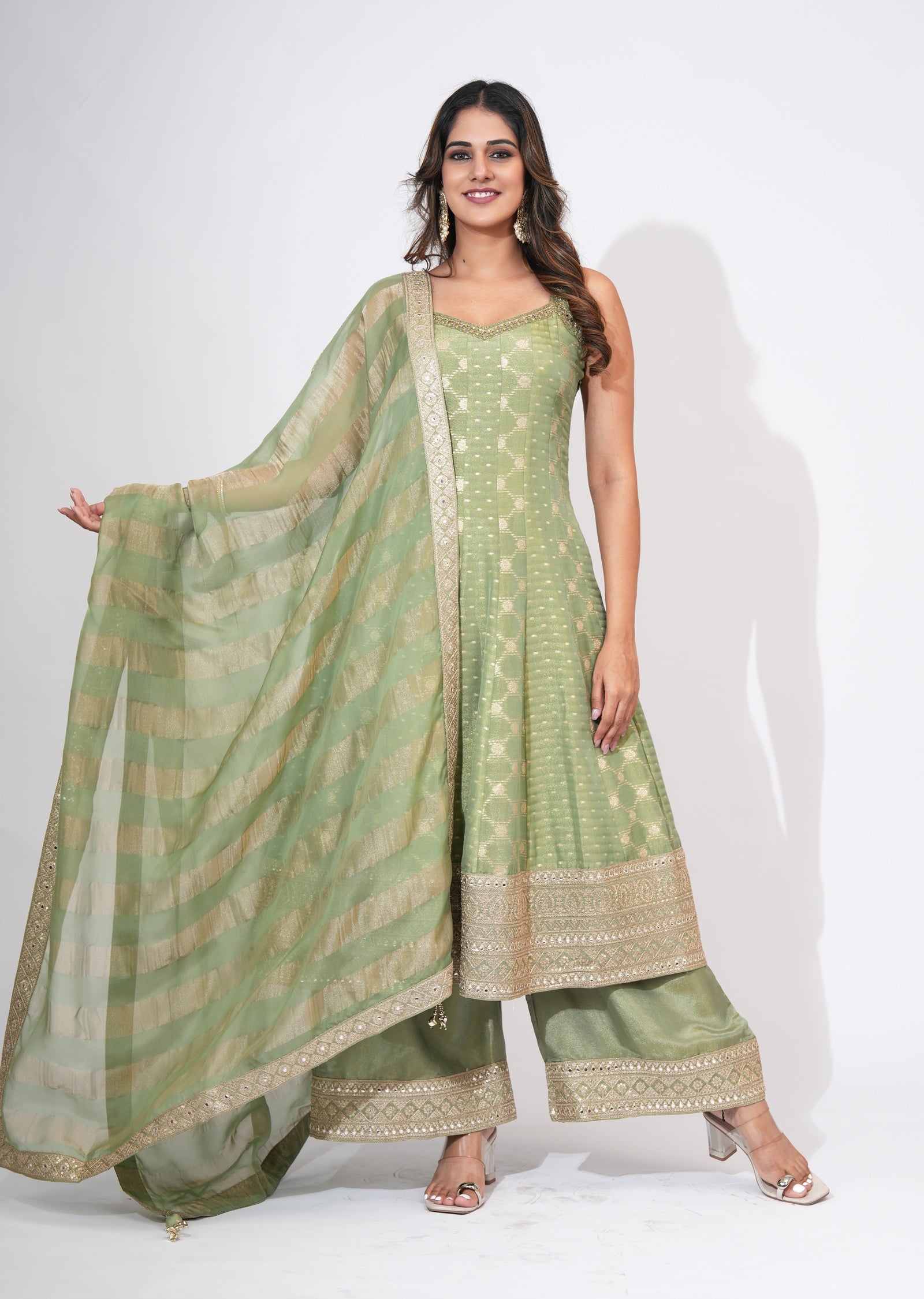 Green Tissue Anarkali Set
