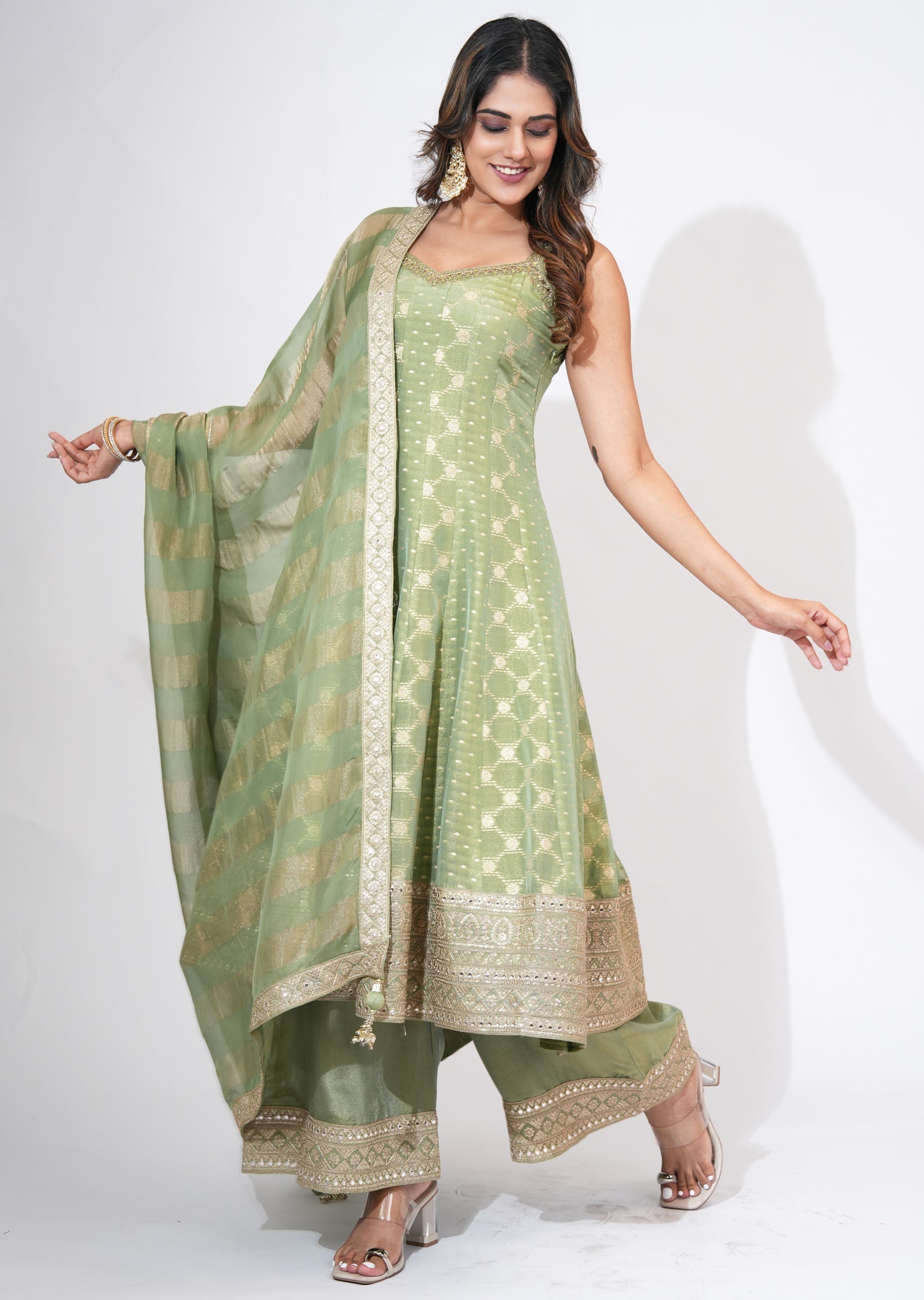 Green Tissue Anarkali Set