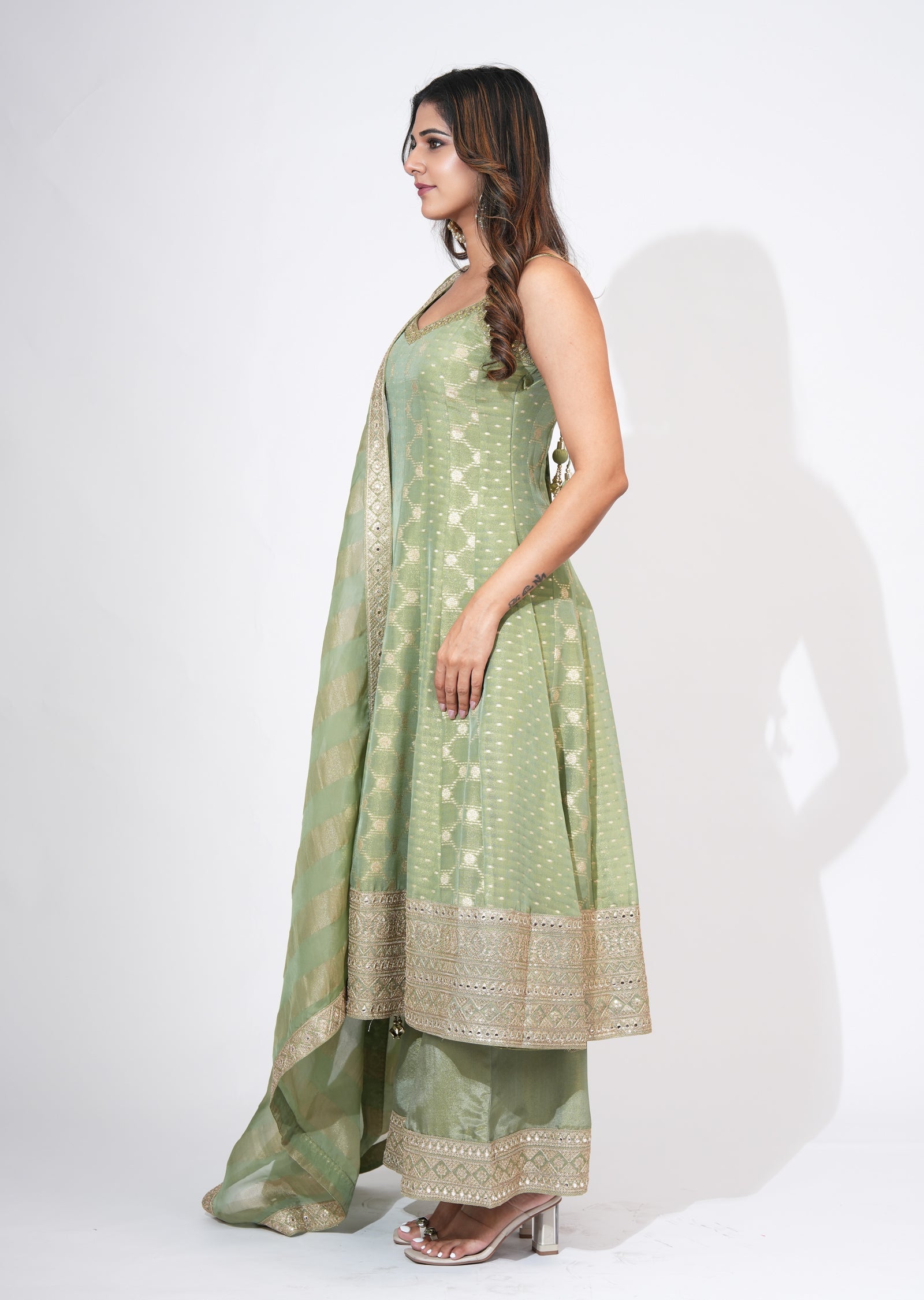 Green Tissue Anarkali Set