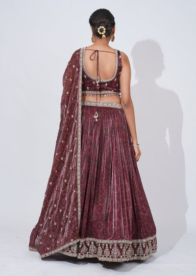 Wine Chinnon Lehenga Set