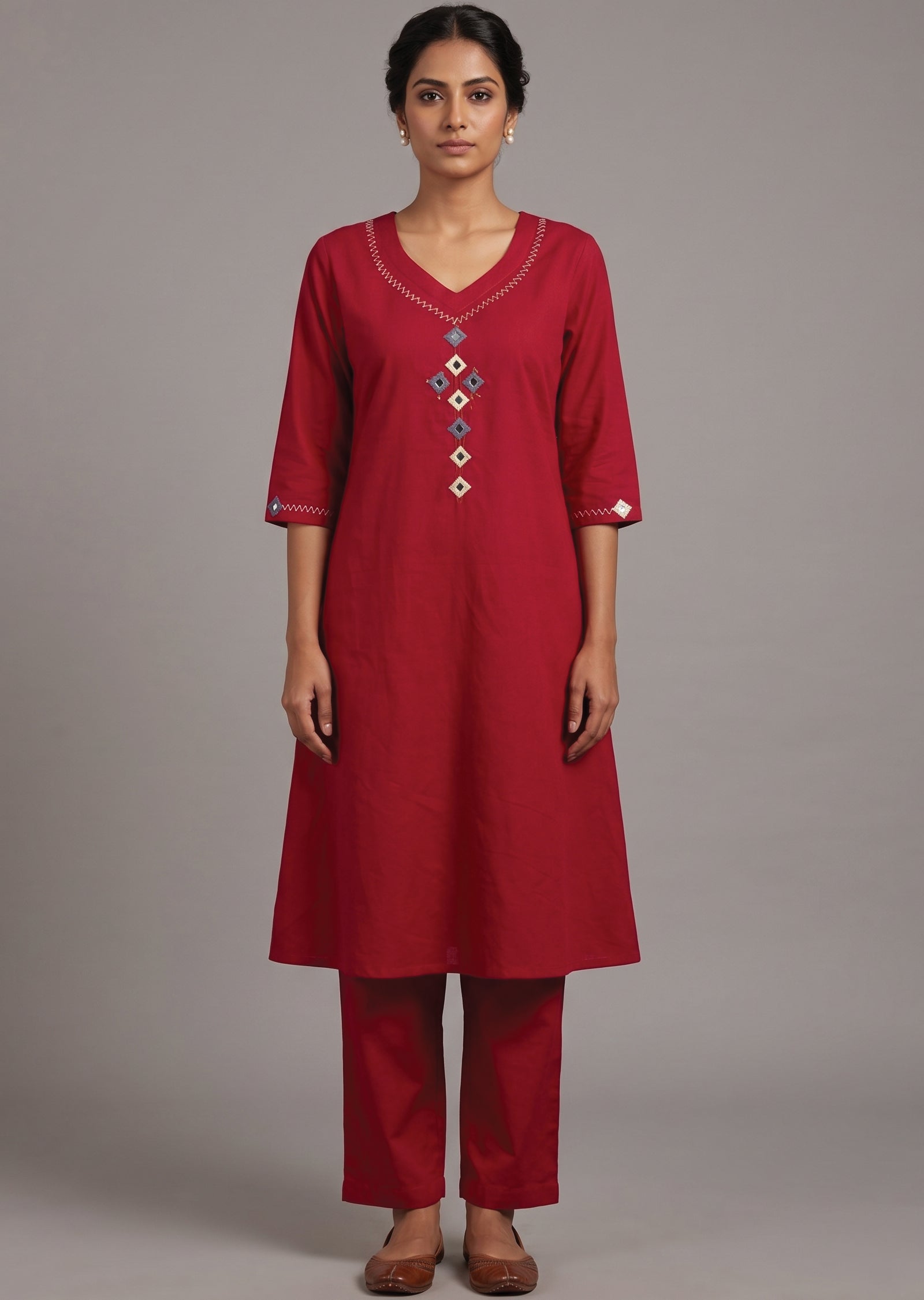 Red Cotton Kurti Set