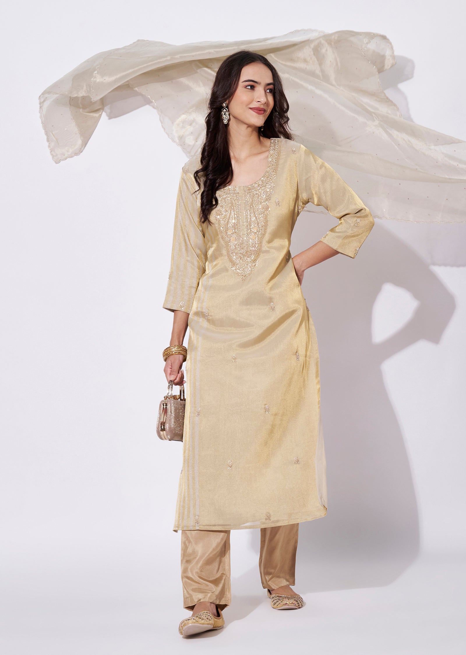 Beige Tissue Straight Cut Suit