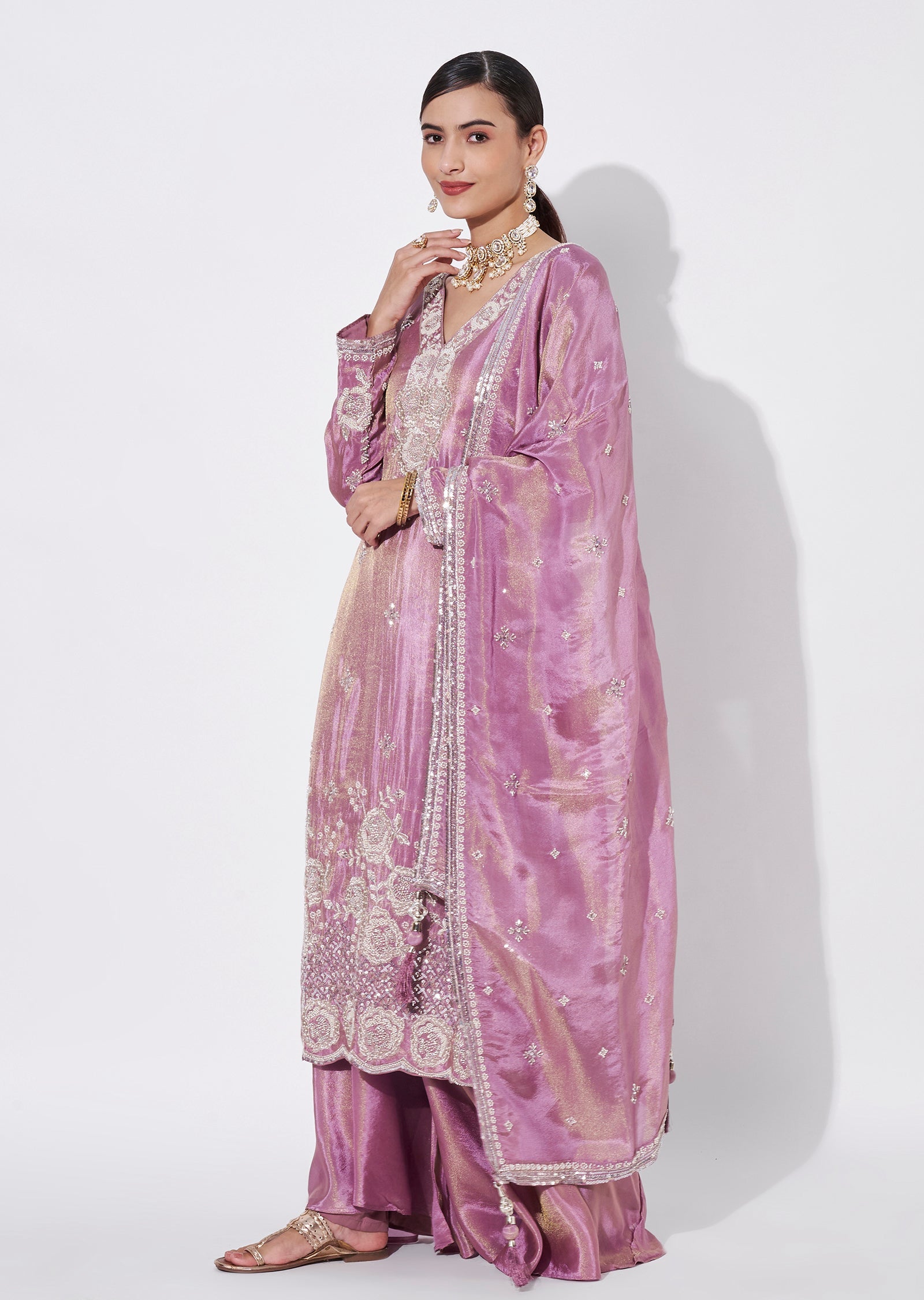 Onion Pink Tissue Sharara Set