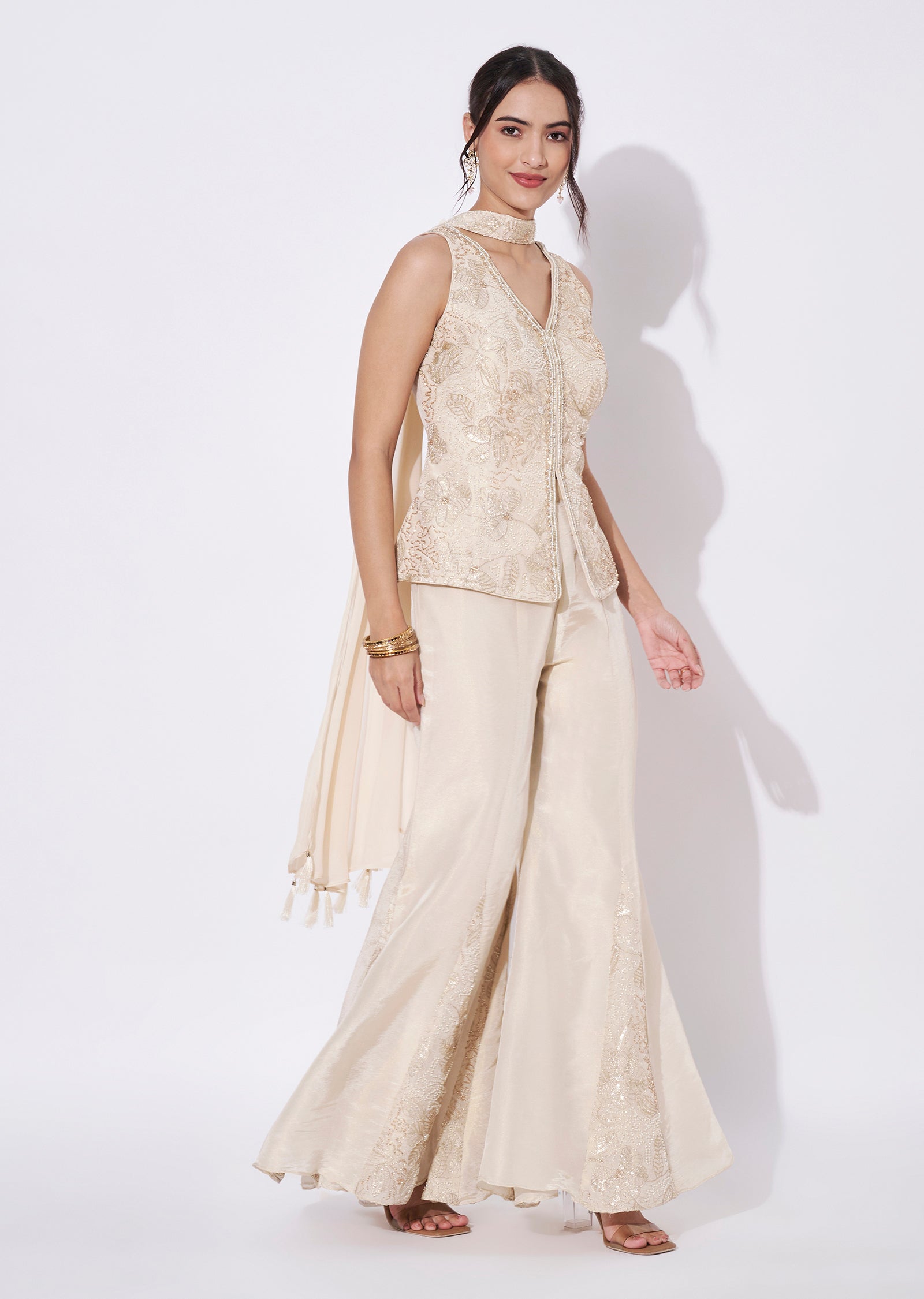 Cream Tissue Sharara Set