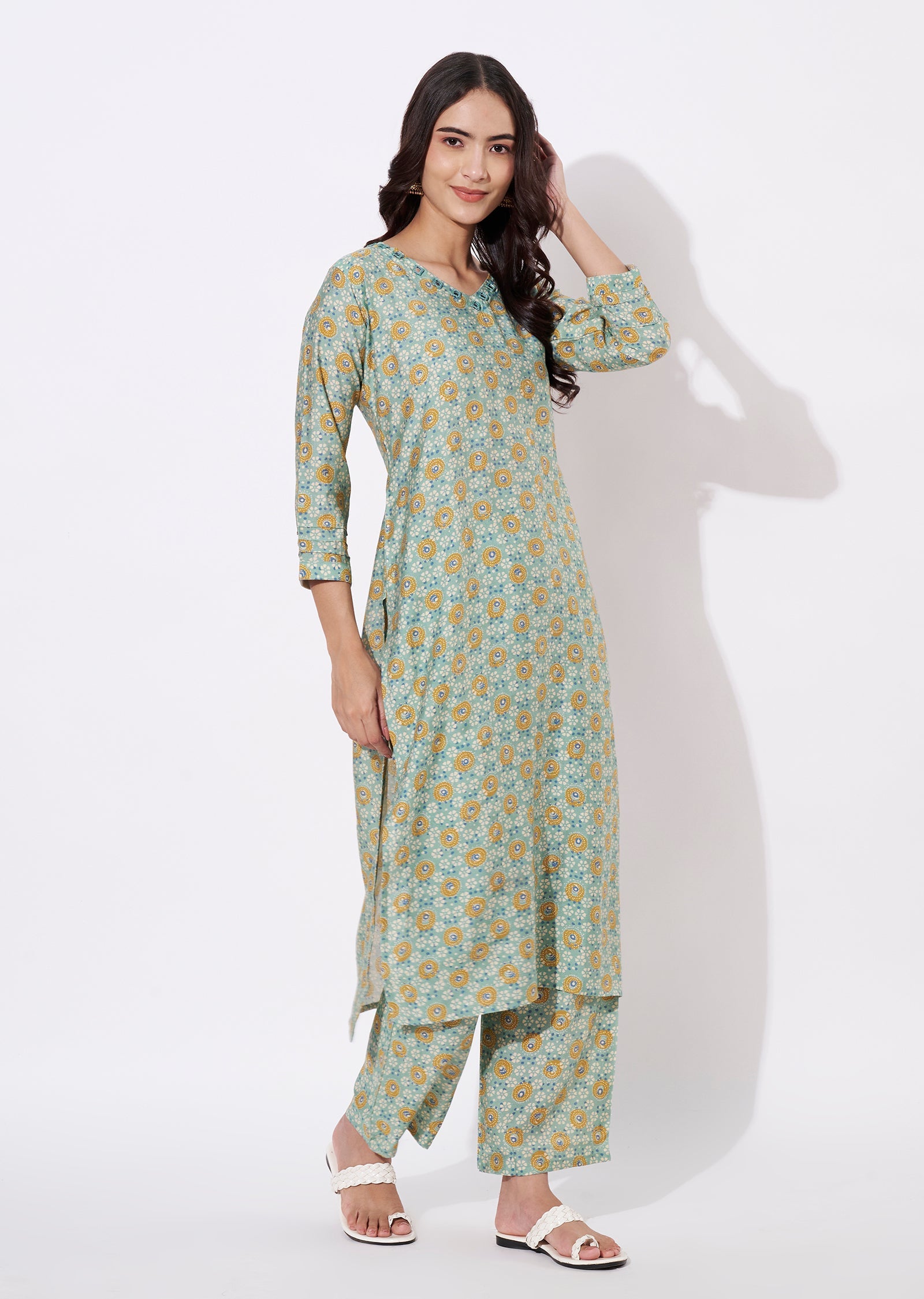 Dusty Green Linen Silk Kurti Set