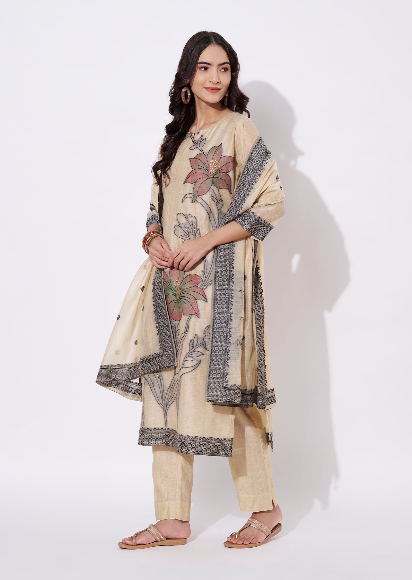 Beige Chanderi Straight cut suit