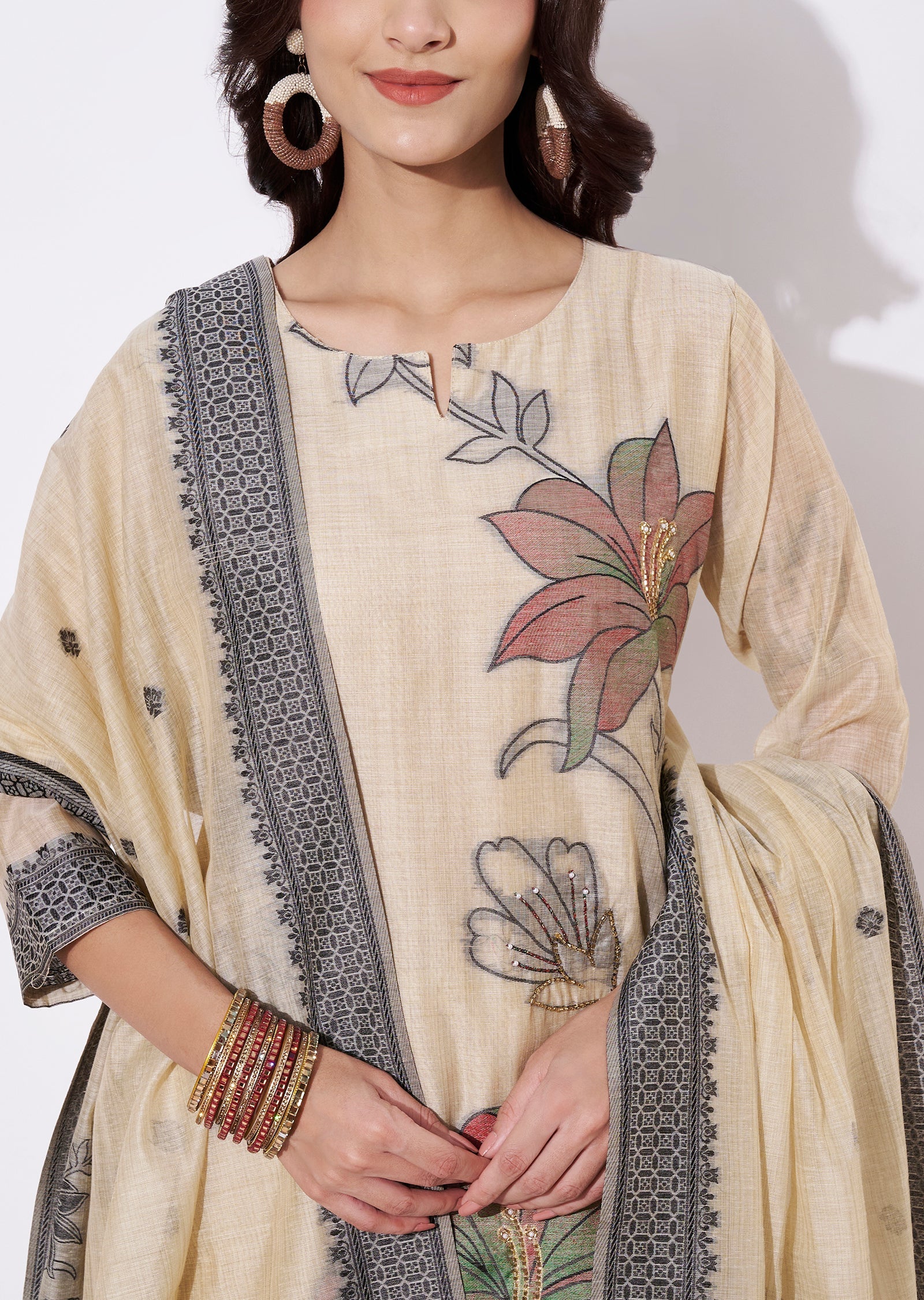 Beige Chanderi Straight cut suit