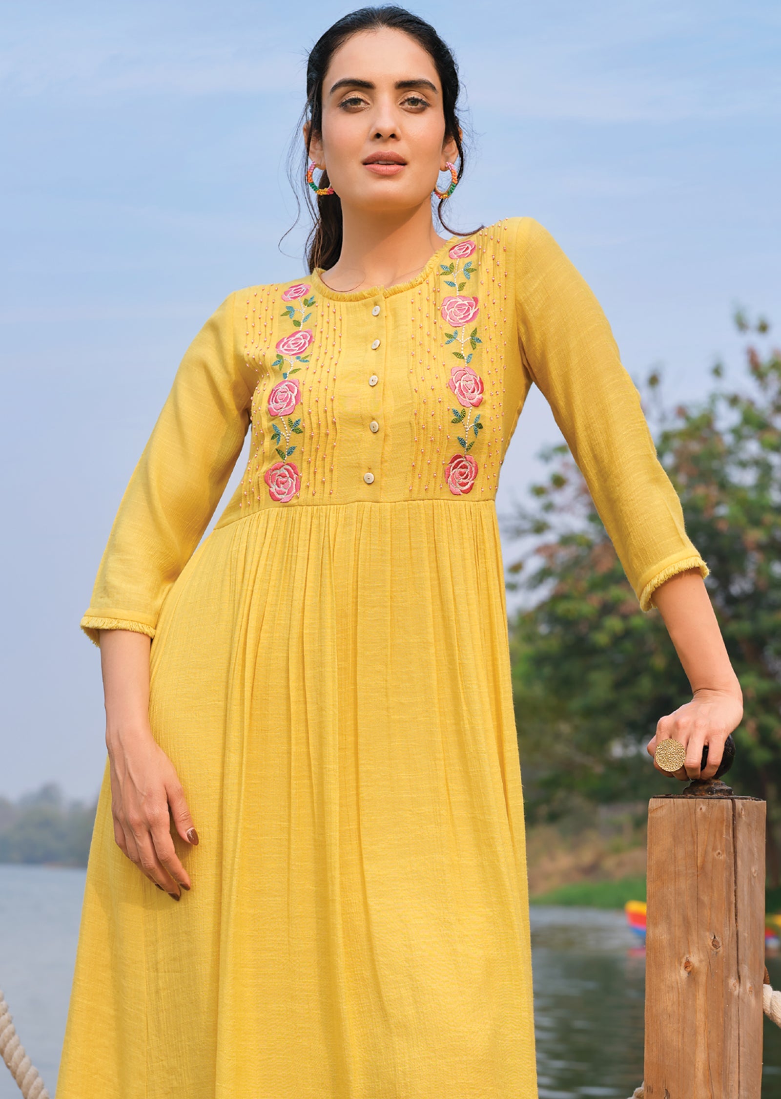 Yellow Linen Georgette Frock Kurti