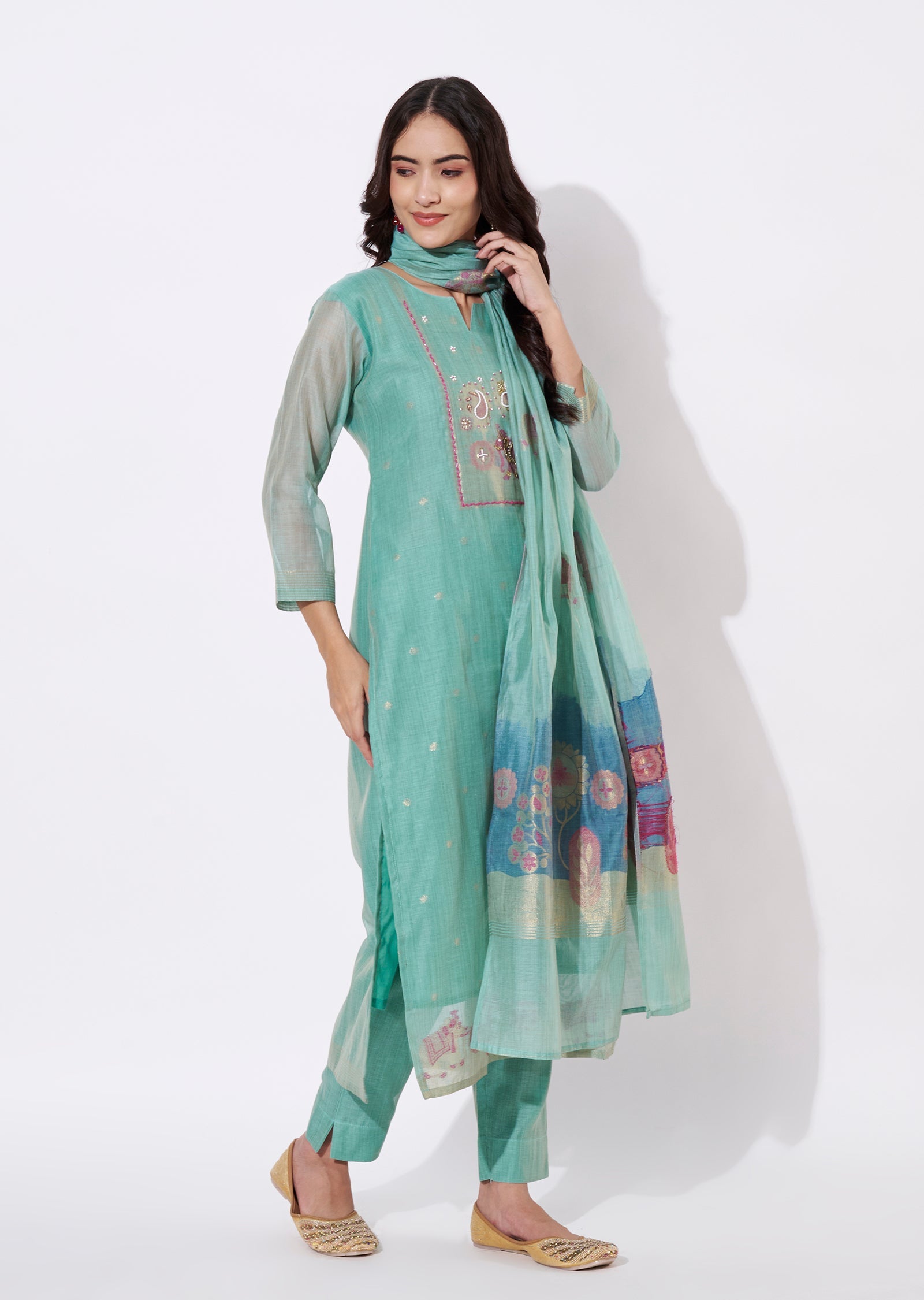 Dusty Green Chanderi Straight cut suit