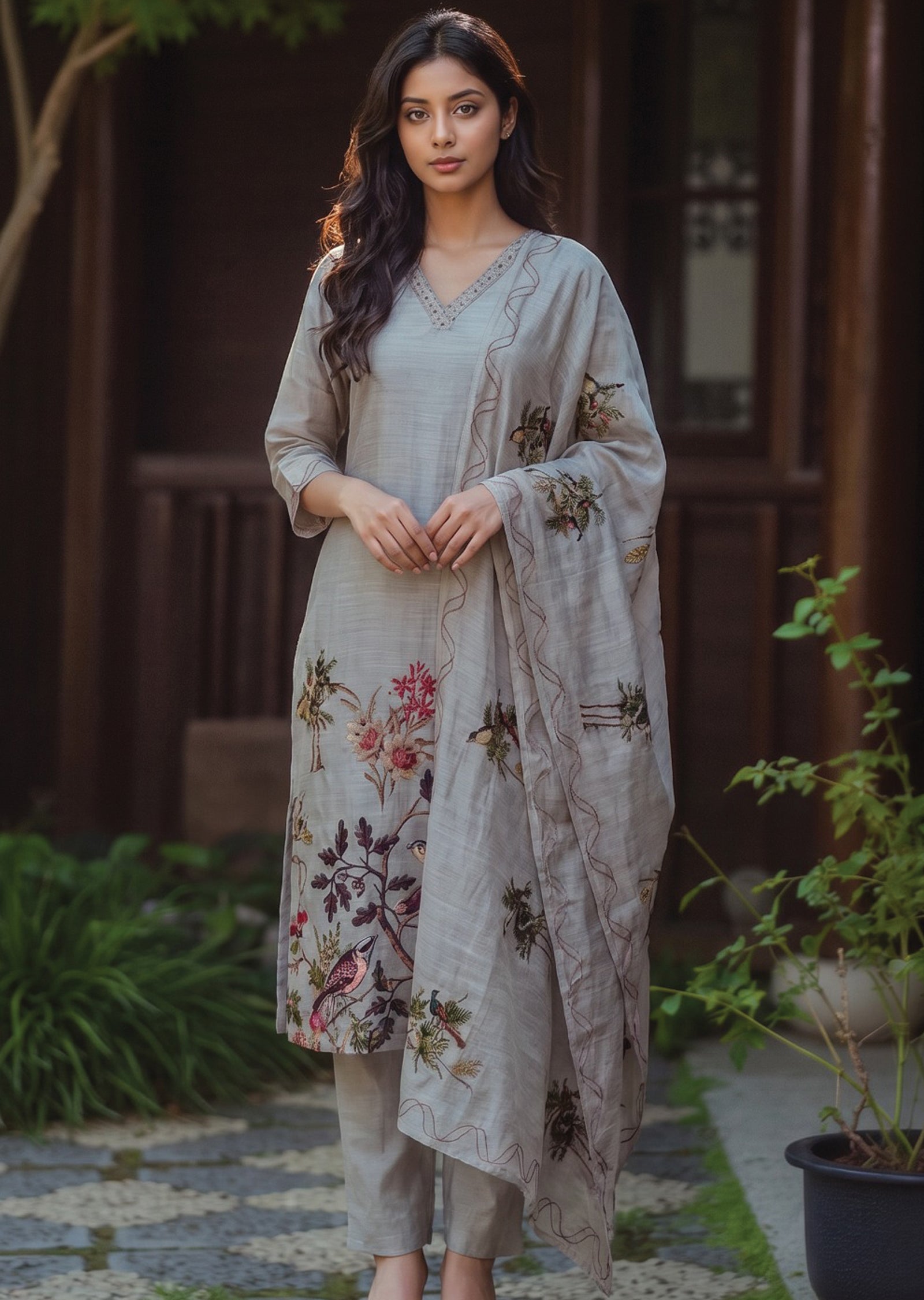 Grey Linen Anarkali Suit