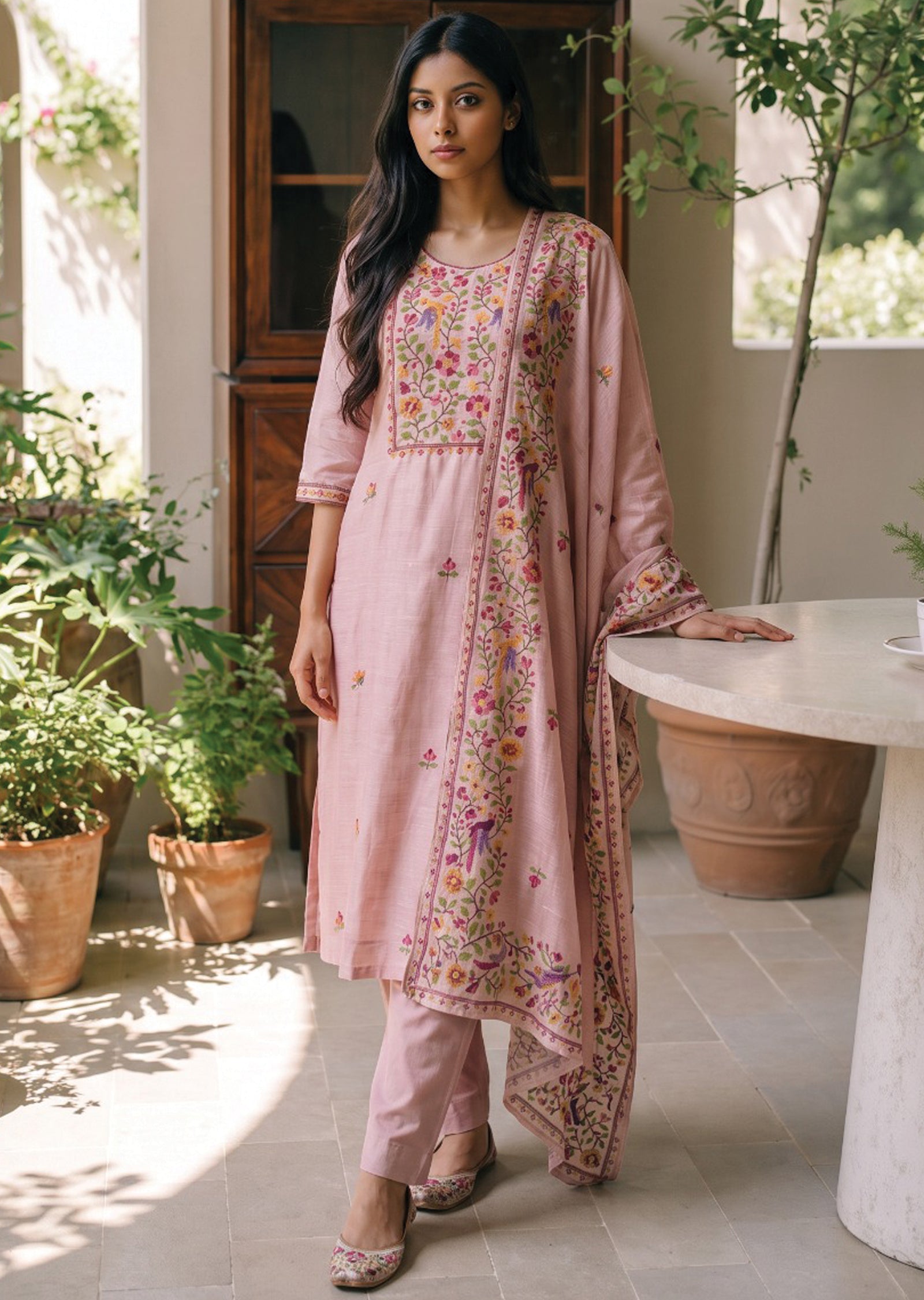 Pink Linen Anarkali Suit